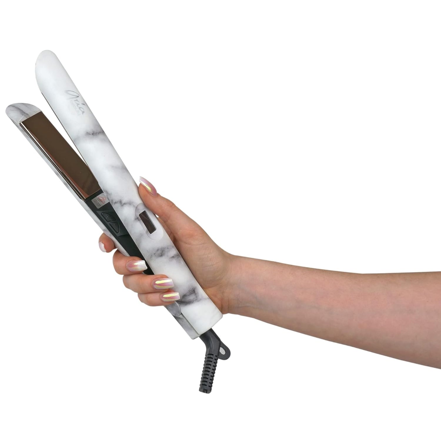 Aria Beauty 1-inch infrared marble digital flat iron straightener with digital controls and sleek design for smooth, straight hair.