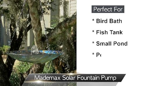 Mademax 1W solar bird bath fountain pump floating on water with water spray, white plastic body, and solar panel for outdoor bird baths
