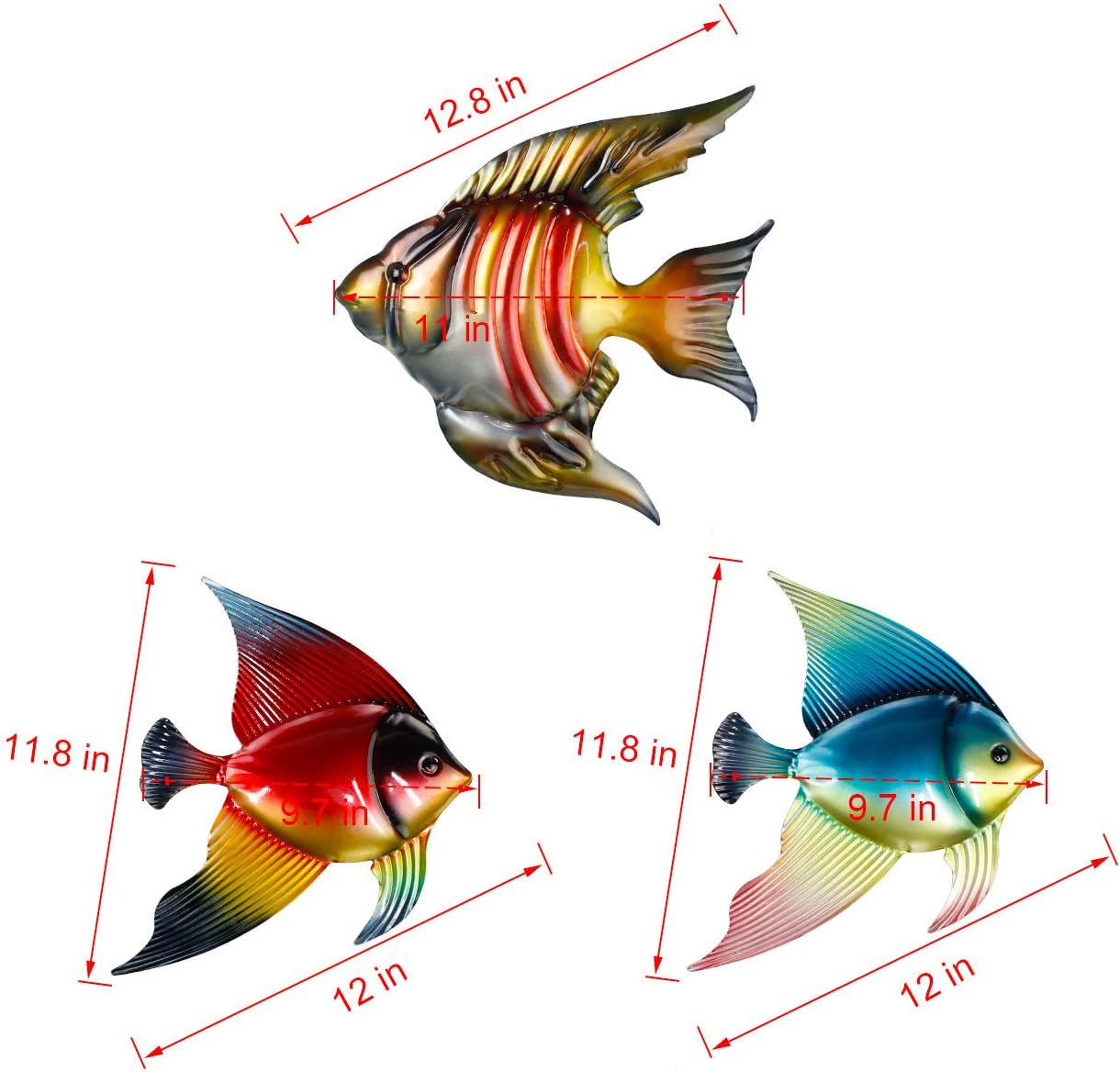 Set of 3 metal fish wall decor sculptures by FANWNKI, outdoor indoor art for pool, garden, porch, or fence decoration