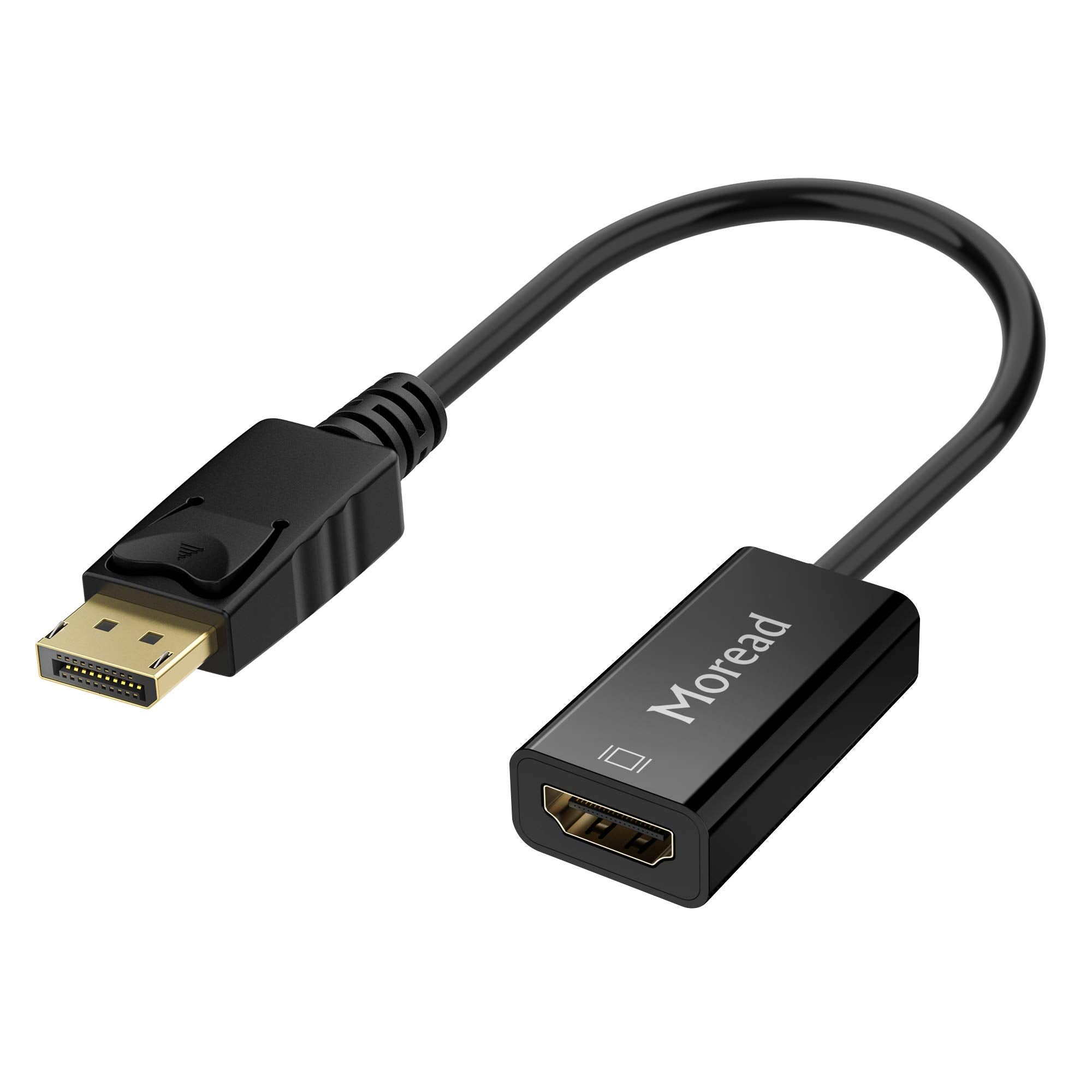 Moread 4K DisplayPort to HDMI adapter in black, male to female electronic adapter for connecting DisplayPort devices to HDMI displays.