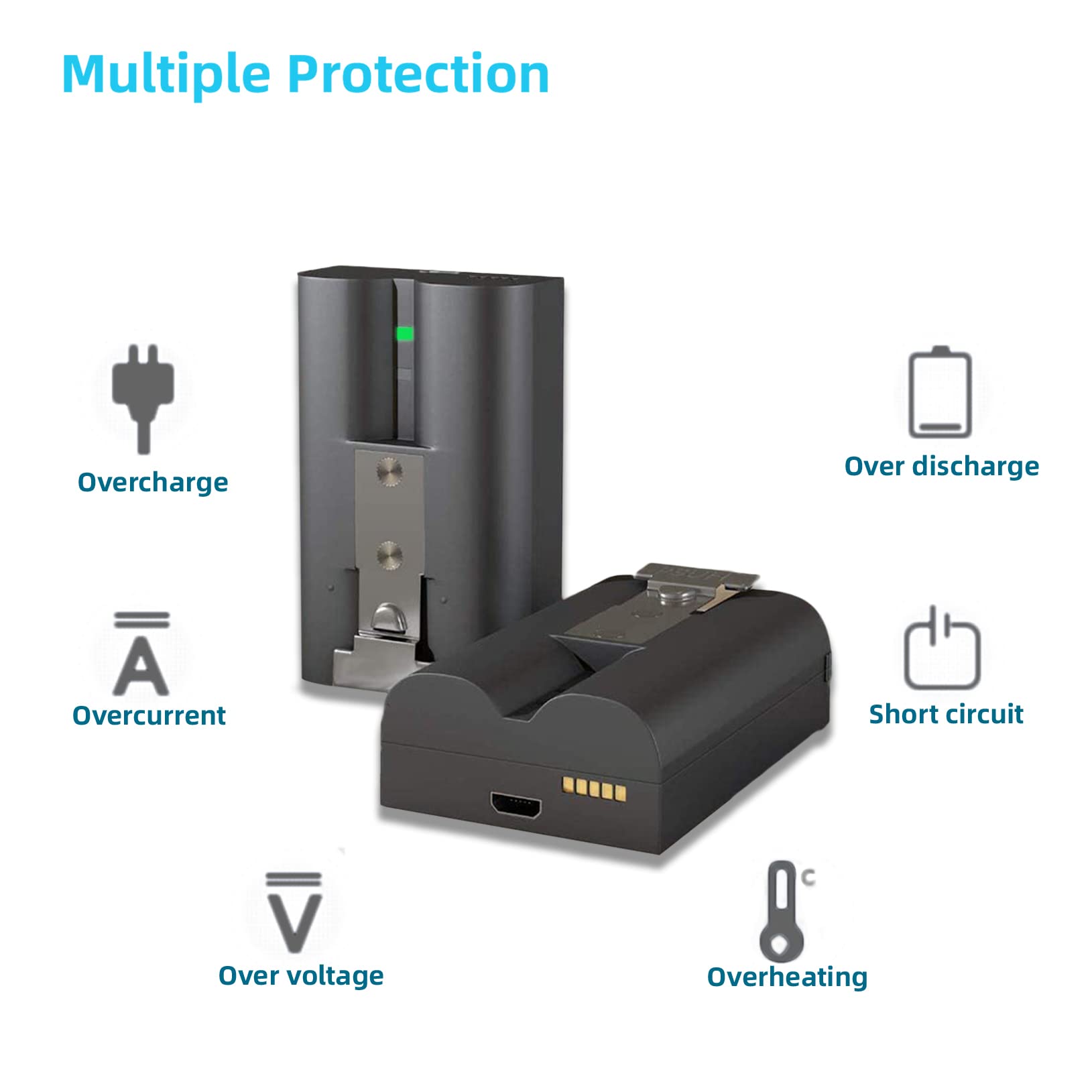 YUELAN 2-pack 6040mAh ring batteries with dual charger for camera flash or LED lights, compact and rechargeable.