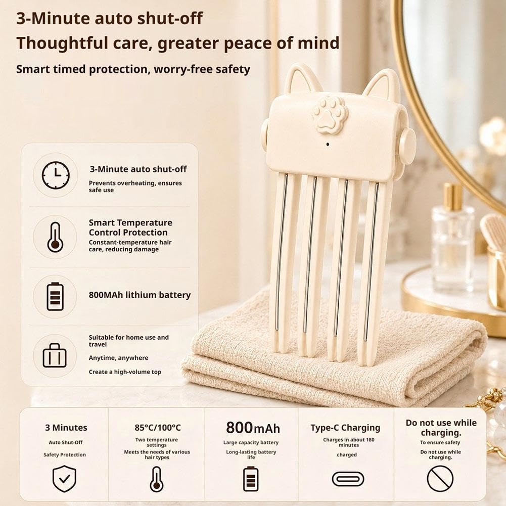 Generic cordless root volumizer clip with heated styling tool, 2 heat settings, USB rechargeable, quick hair volume touch-up.