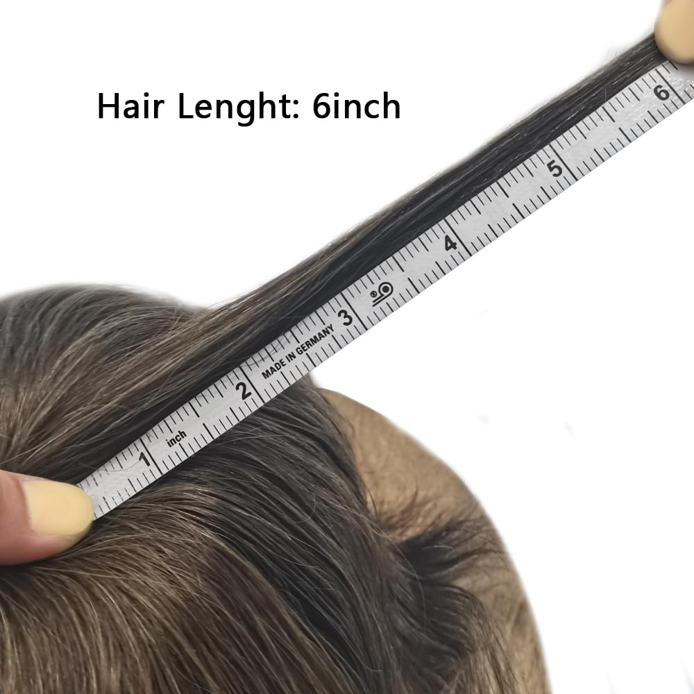 Curve Hair Mens Toupee Human Hair Piece Replacement System Monofilament Wig Hair Unit for Men Durable Poly Coated Mens Hairpiece (#410 Medium Brown+10% Gray, 7"X10")