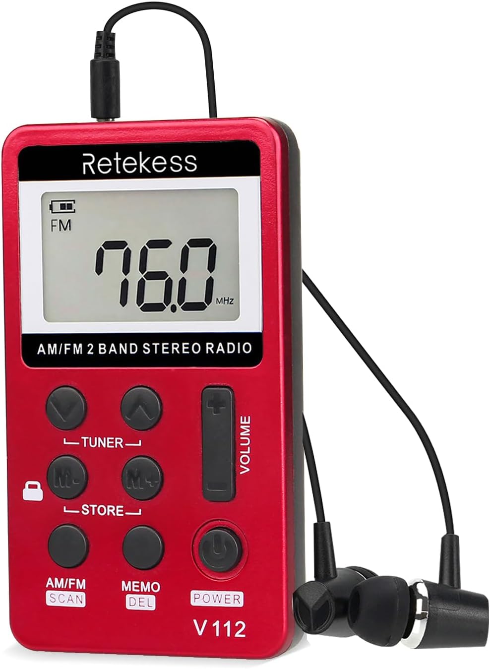 Retekess V112 AM/FM pocket radio with LCD display, rechargeable battery, earphone, black digital radio for walking and jogging.