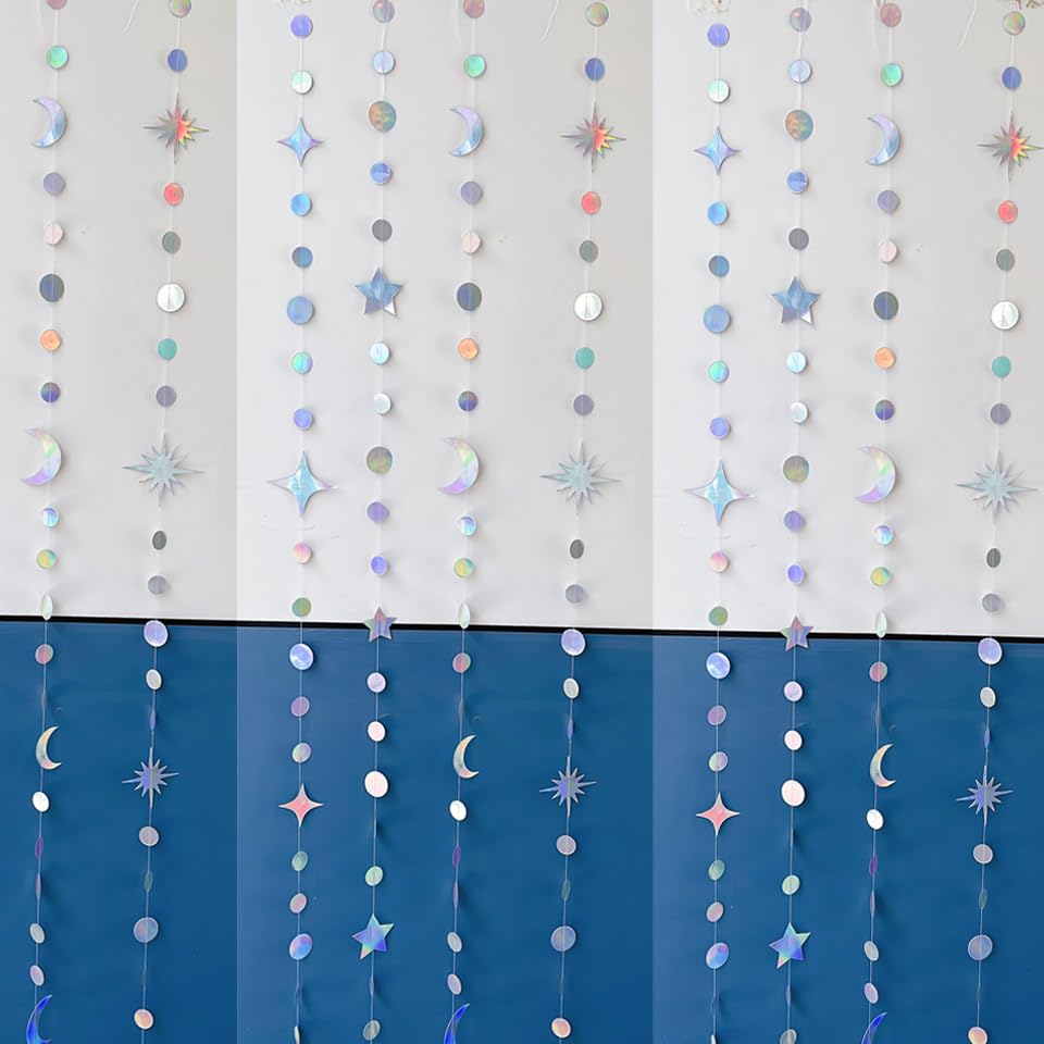 4 Pack Multi Iridescent Party Garland Star&Moon Holographic - Product Imagery