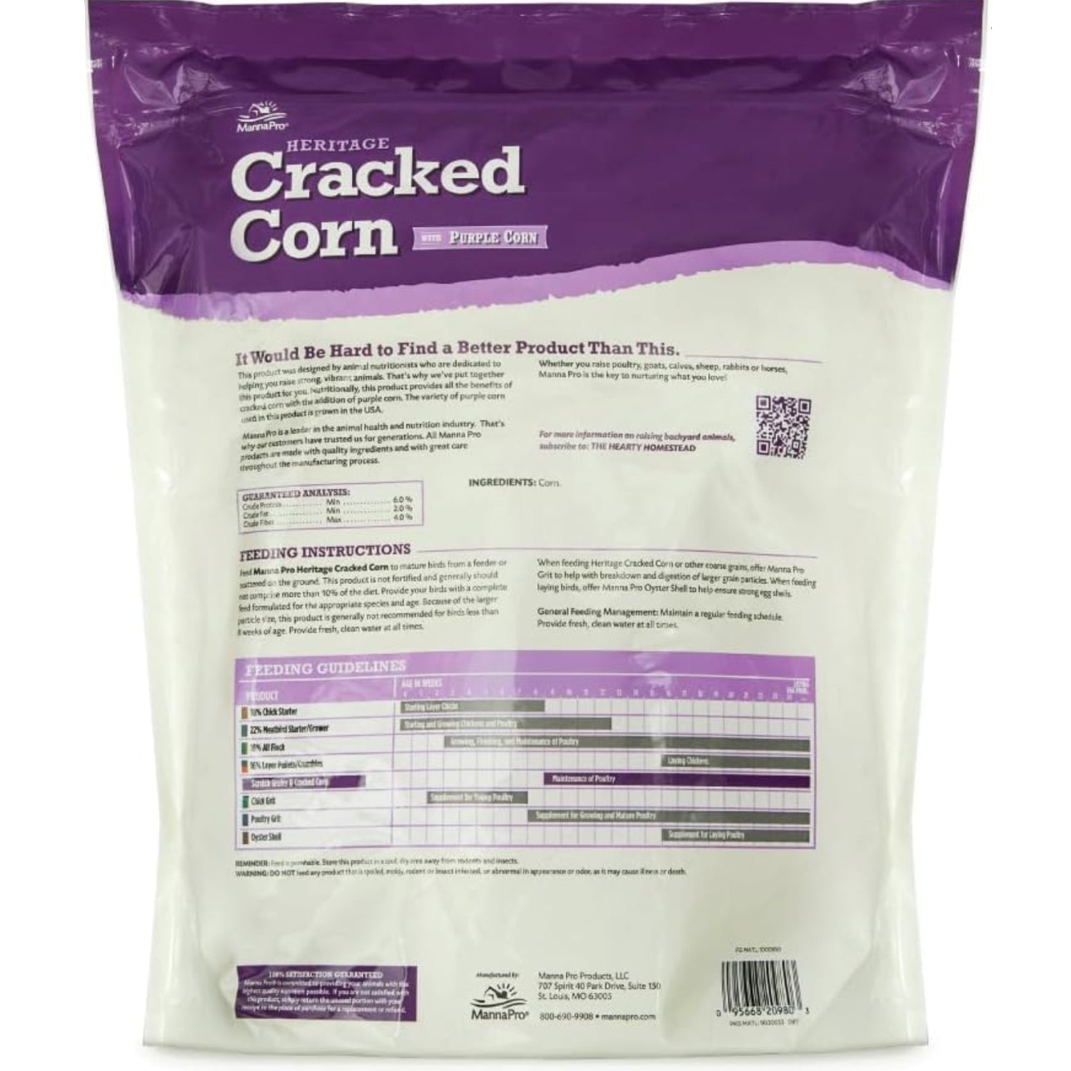 Manna Pro Heritage USA purple corn blend chicken scratch feed in a 10 lb bag, natural treat for chickens and ducks, supports digestion.