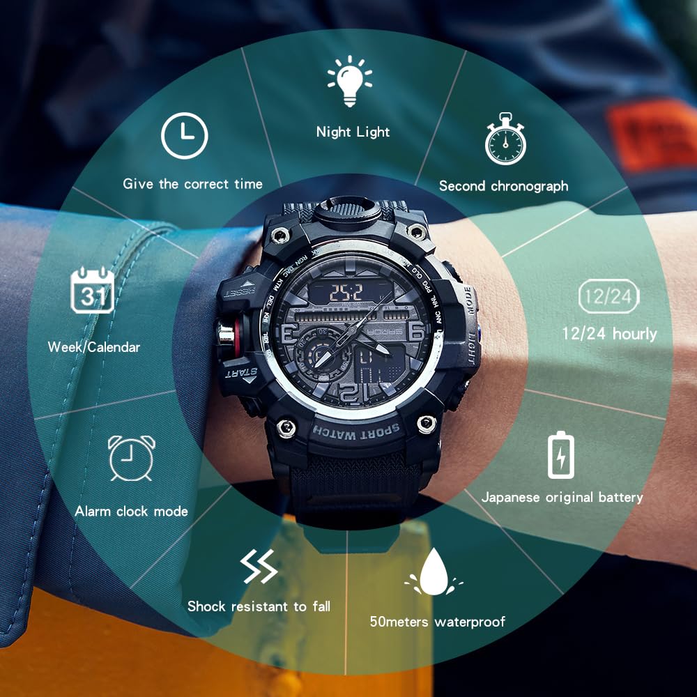 KXAITO Men's Military Sports Watch – LED Dual Dial