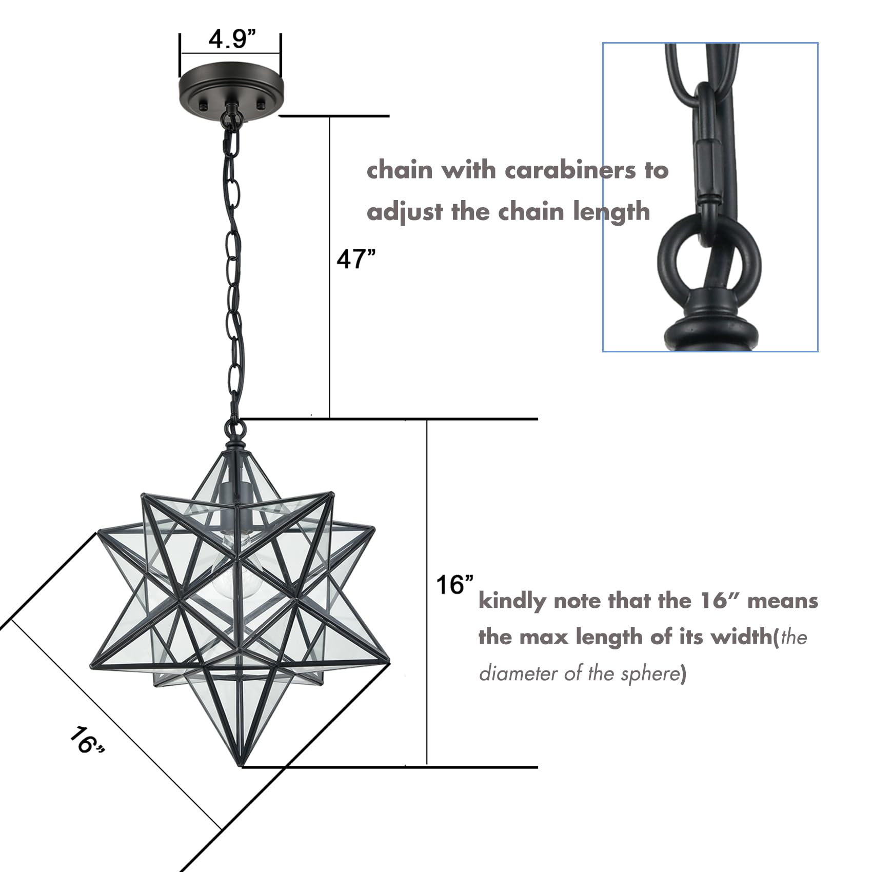 CLAXY Black Moravian Star Pendant Light Clear Glass with Chain, 16" - View 2
