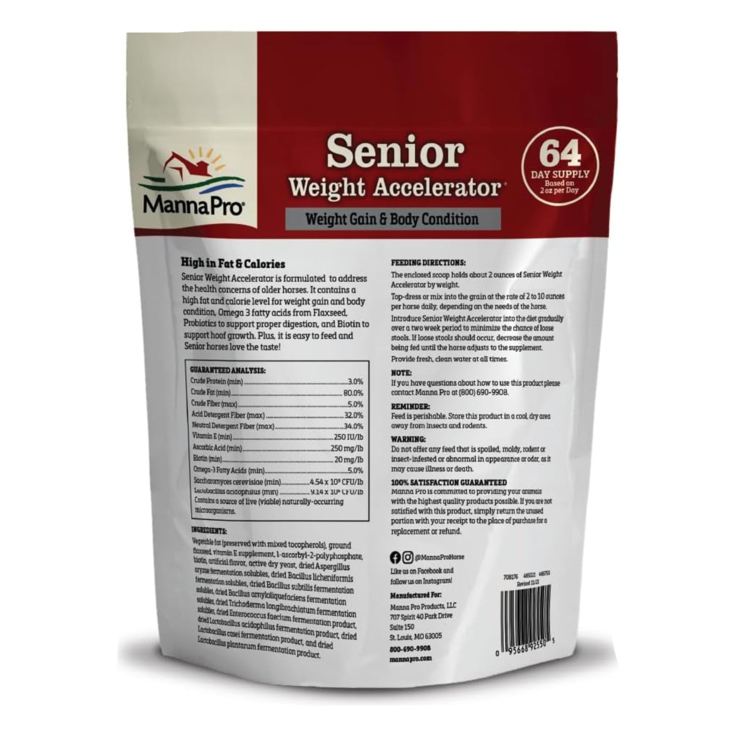 Manna Pro Weight Accelerator for Senior Horses, featuring a bag of supplement with horse feed in a barn setting.