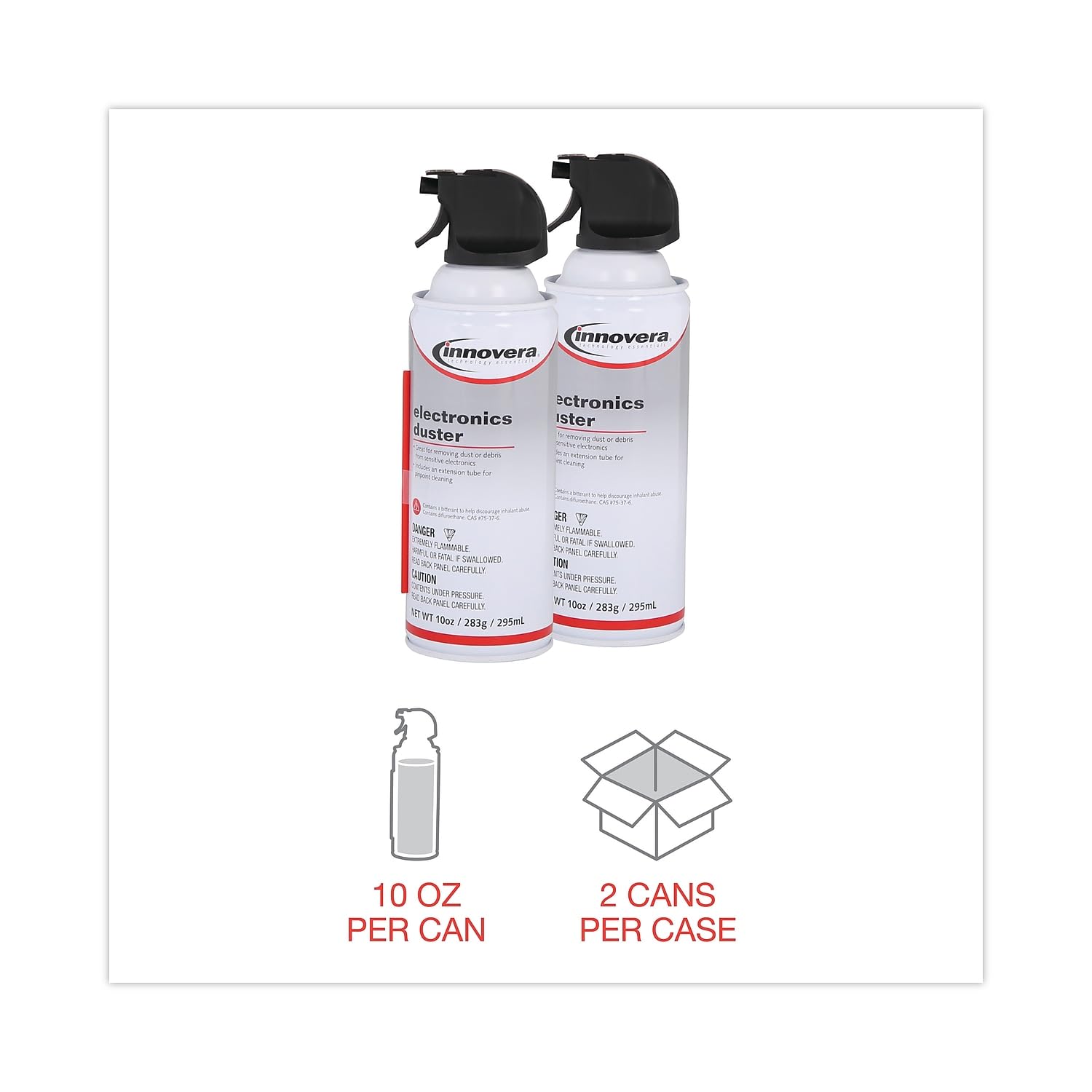 Innovera IVR10012 10 oz. compressed air duster cleaner cans, shown in a two-pack, for cleaning dust from electronics and keyboards.