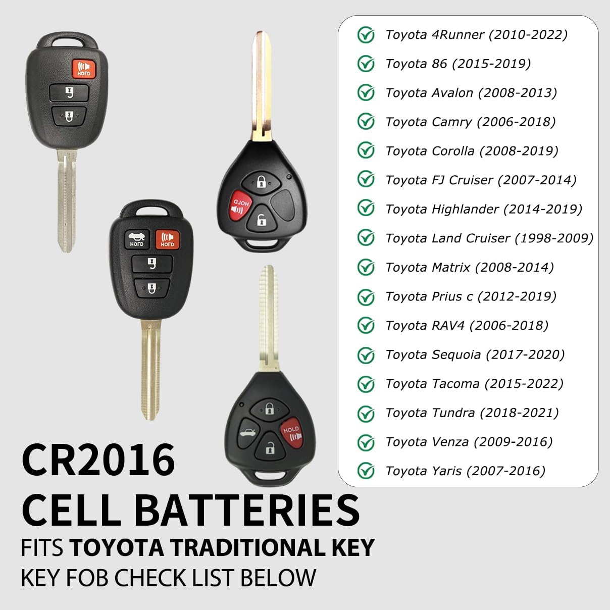 IYUKETROR CR2016 key fob replacement batteries for Toyota traditional keys, pack of 2, small button cell batteries.