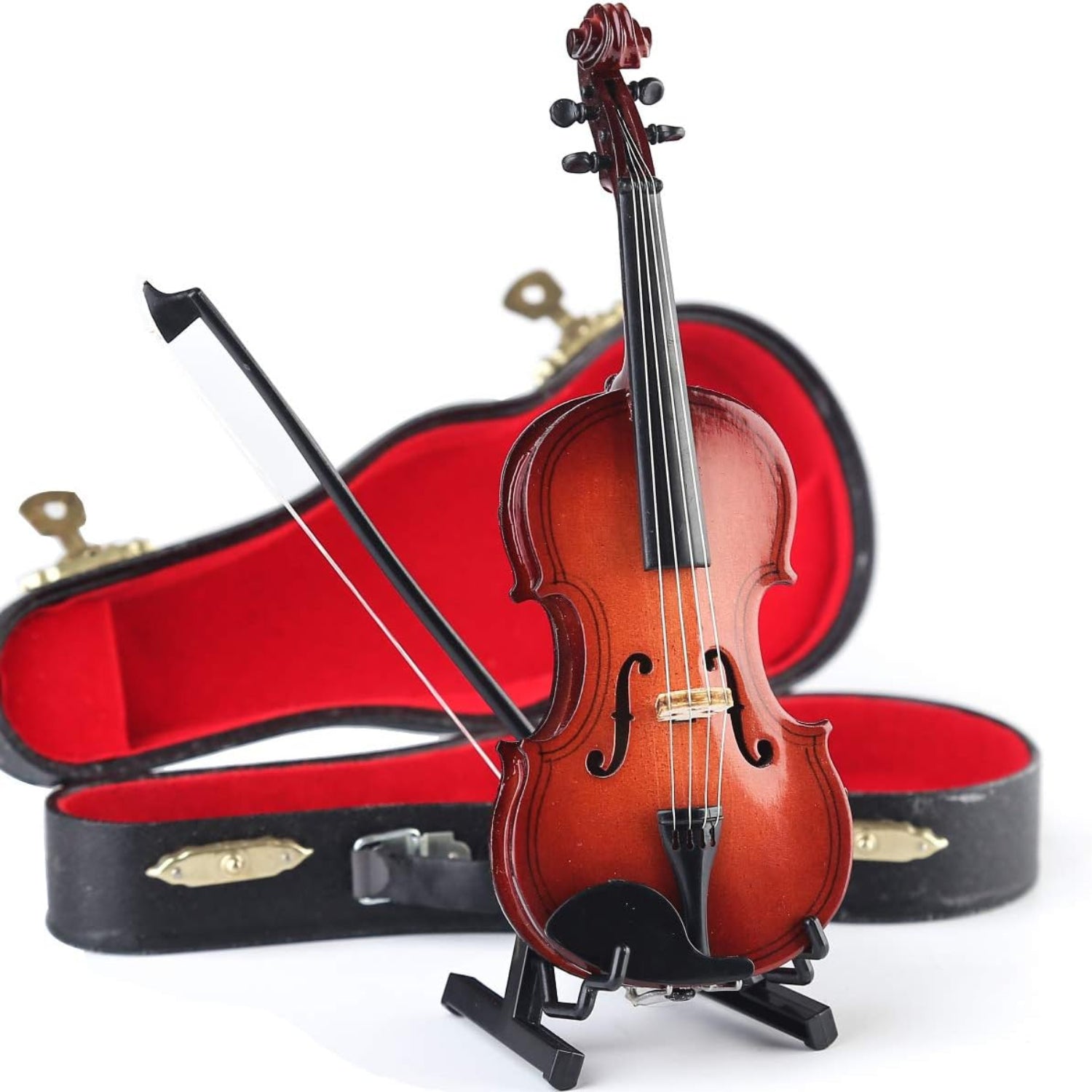Miniature Dselvgvu violin with stand, bow, and case, measuring 6.31"x2.24"x0.98", small detailed musical instrument model