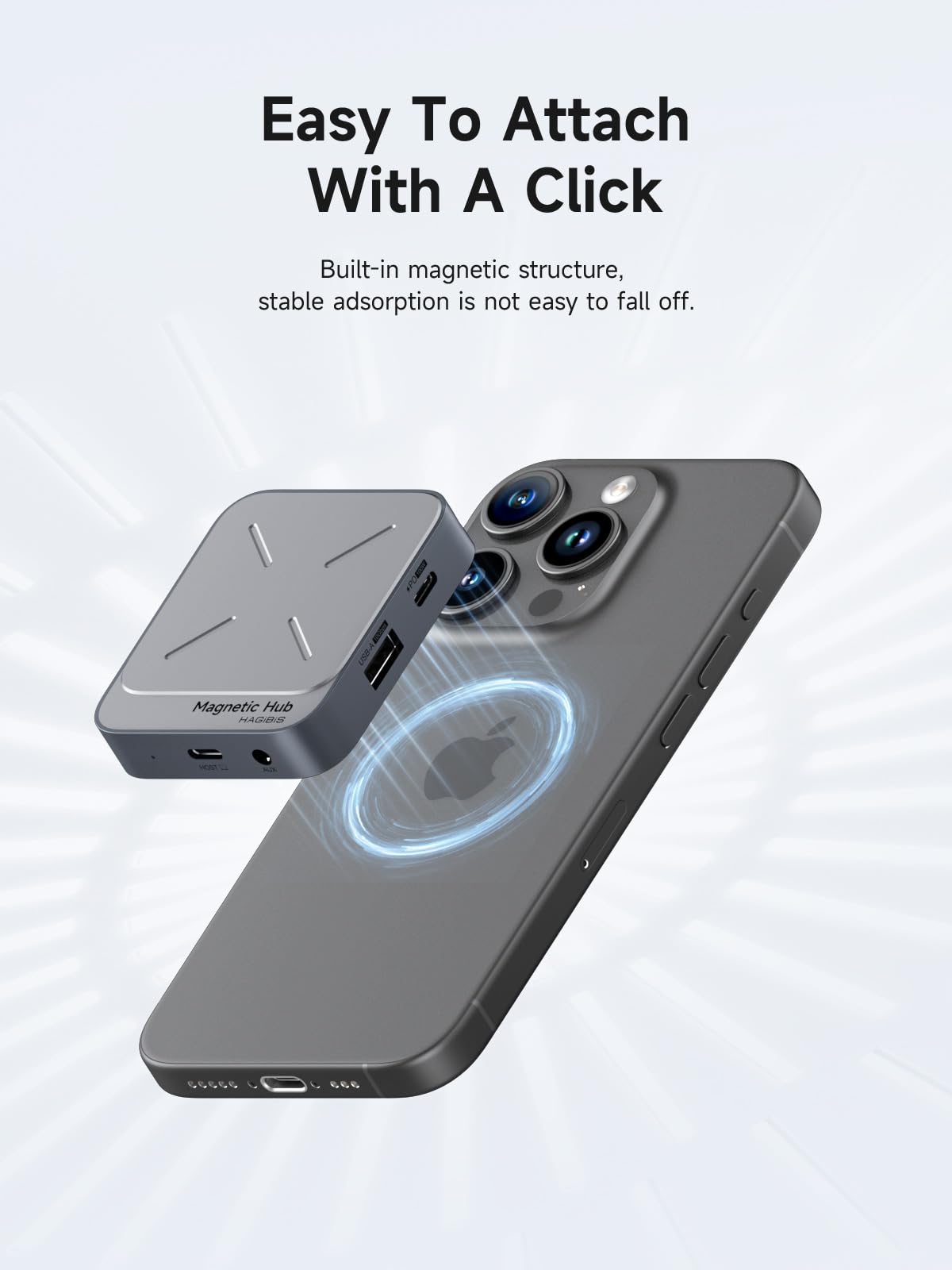 Hagibis 7-in-1 Magnetic USB C Hub with MagSafe attached to a cellular phone case, showing multiple ports and magnetic connection.