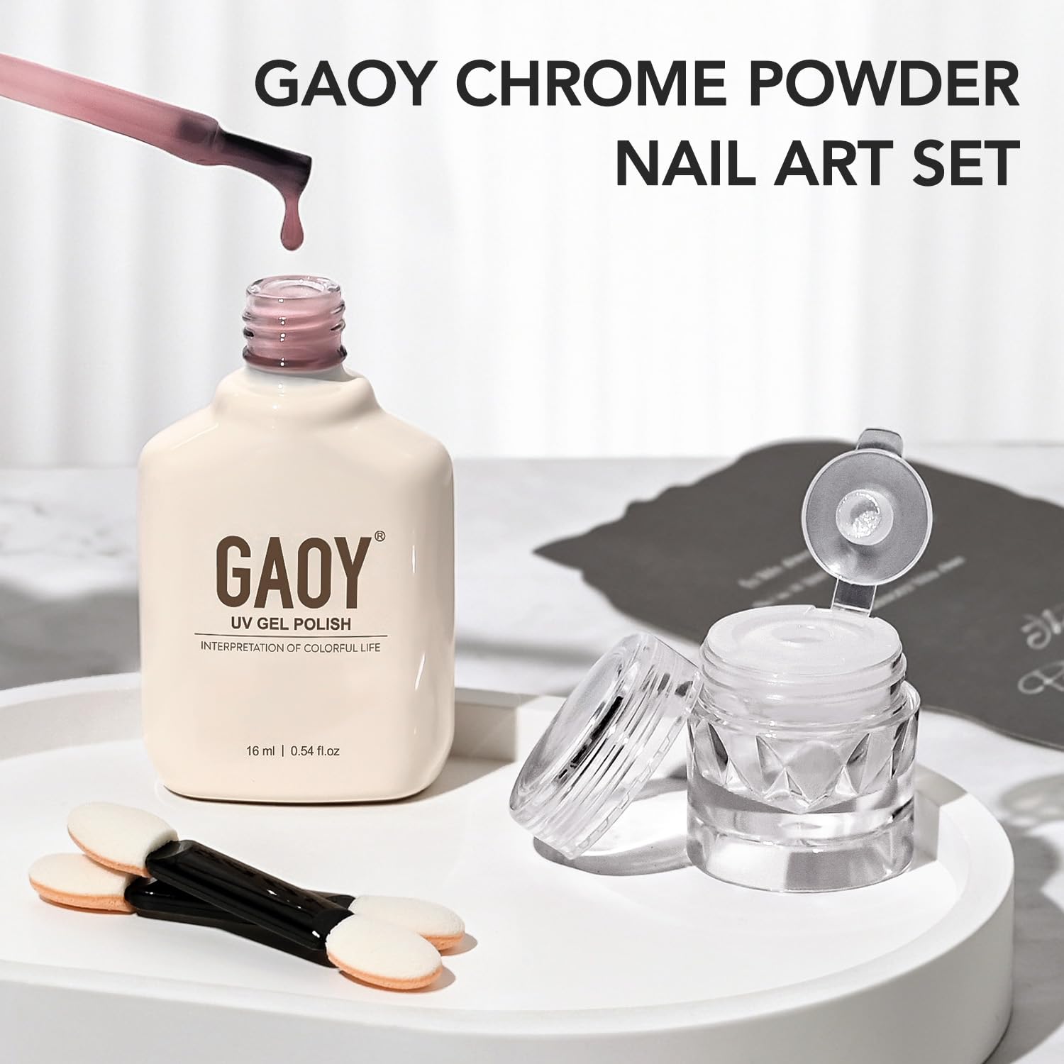 GAOY White Pearl Chrome Nail Powder & Gel Polish 1301 Kit, Mirror Effect Iridescent Aurora Powder, Shimmer Glitter Pigment Mermaid Nail Art, Lustrous White