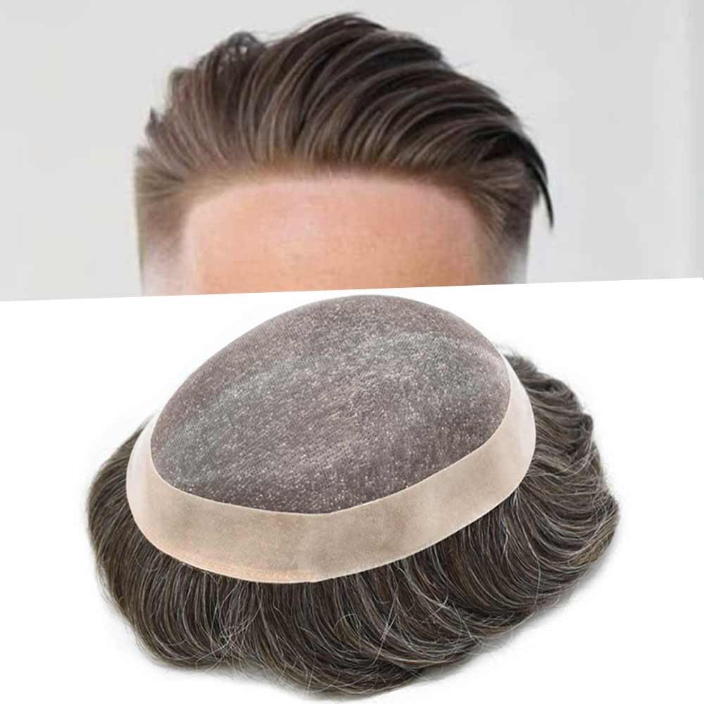 Curve Hair Mens Toupee Human Hair Piece Replacement System Monofilament Wig Hair Unit for Men Durable Poly Coated Mens Hairpiece (#310 Dark Brown+10% Gray, 6"X9")