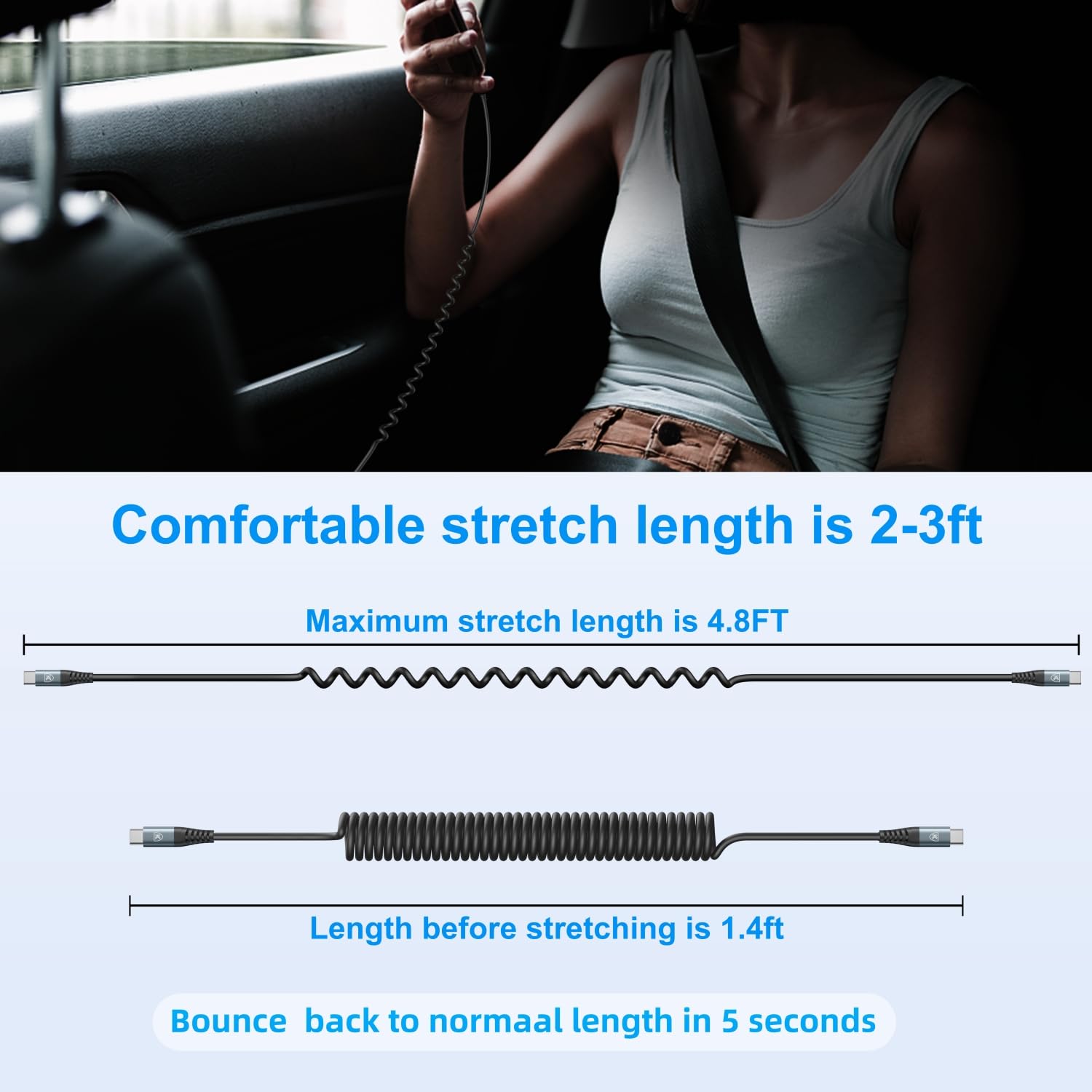 KIYODA USB C to C Cable 3ft 2Pack – Coiled Car Charger