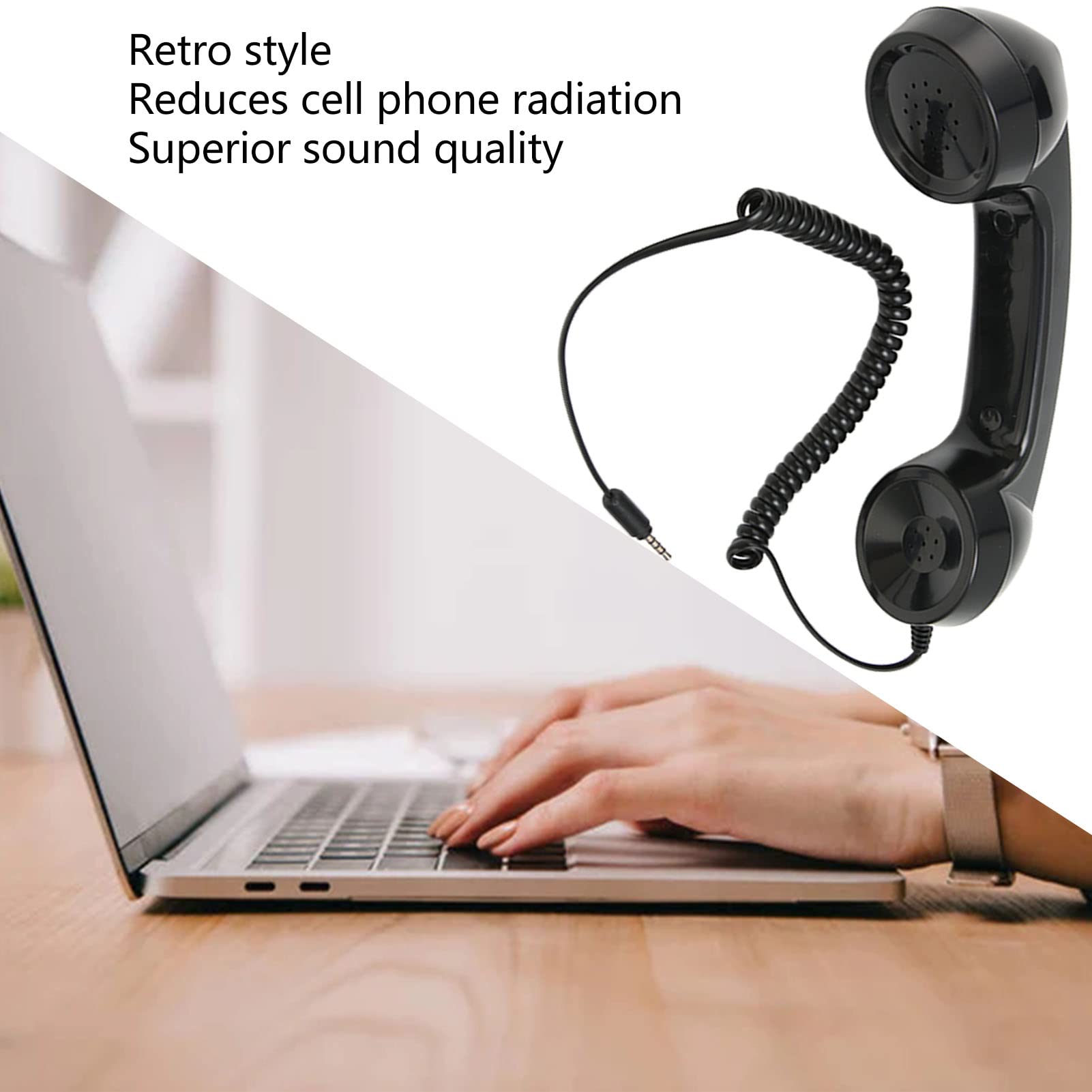 Black Heayzoki retro handset for cell phones and computers, 3.5mm receiver, radiation-proof handheld phone accessory.