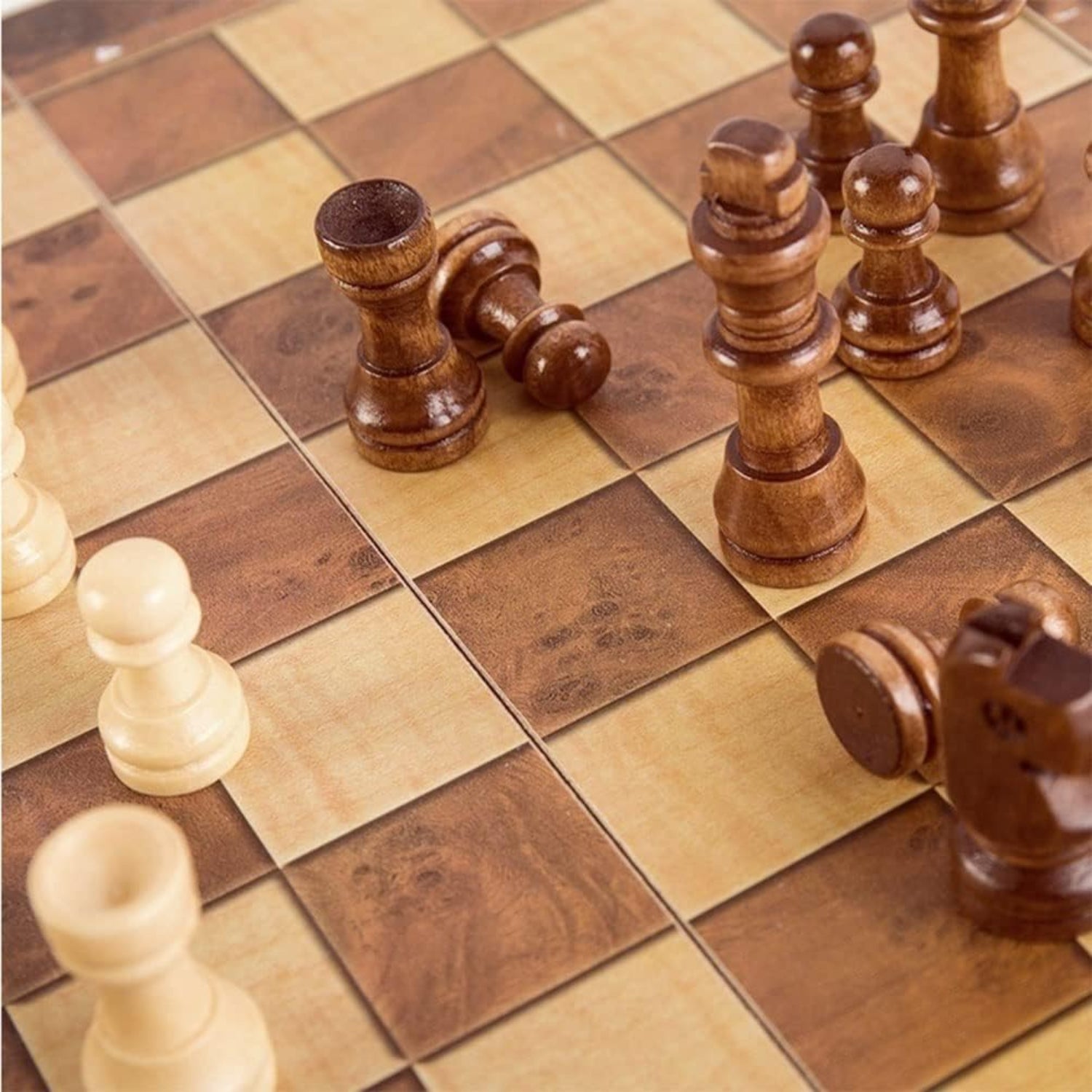 Wooden folding chess set with storage, 17-inch DUBSTAR chess board, includes chess pieces on a wooden playing surface.