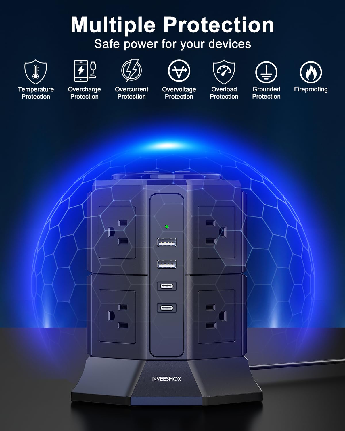 Surge Protector Power Strip Tower Flat Plug Power Strip with - NVEESHOX Official Imagery - 8