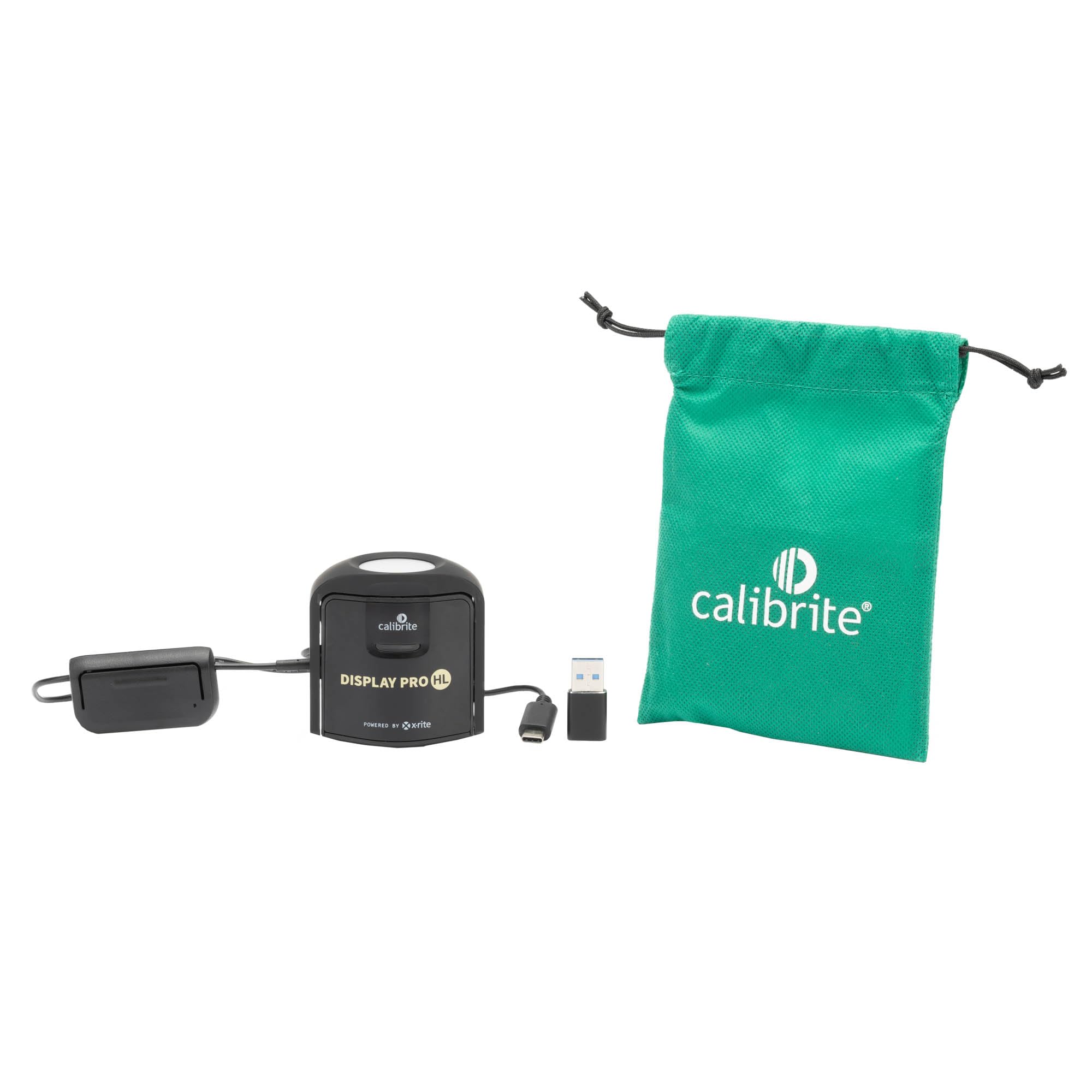 Calibrite Display Pro HL monitor calibration colorimeter measuring LCD, Mini LED, OLED displays with USB-C connection and calibration tools.