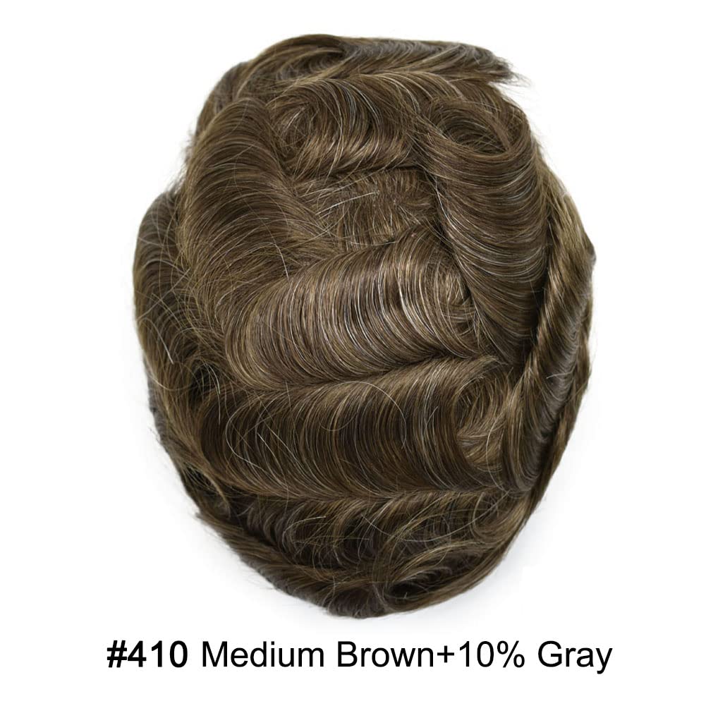 Curve Hair Mens Toupee Human Hair Piece Replacement System Monofilament Wig Hair Unit for Men Durable Poly Coated Mens Hairpiece (#410 Medium Brown+10% Gray, 7"X10")