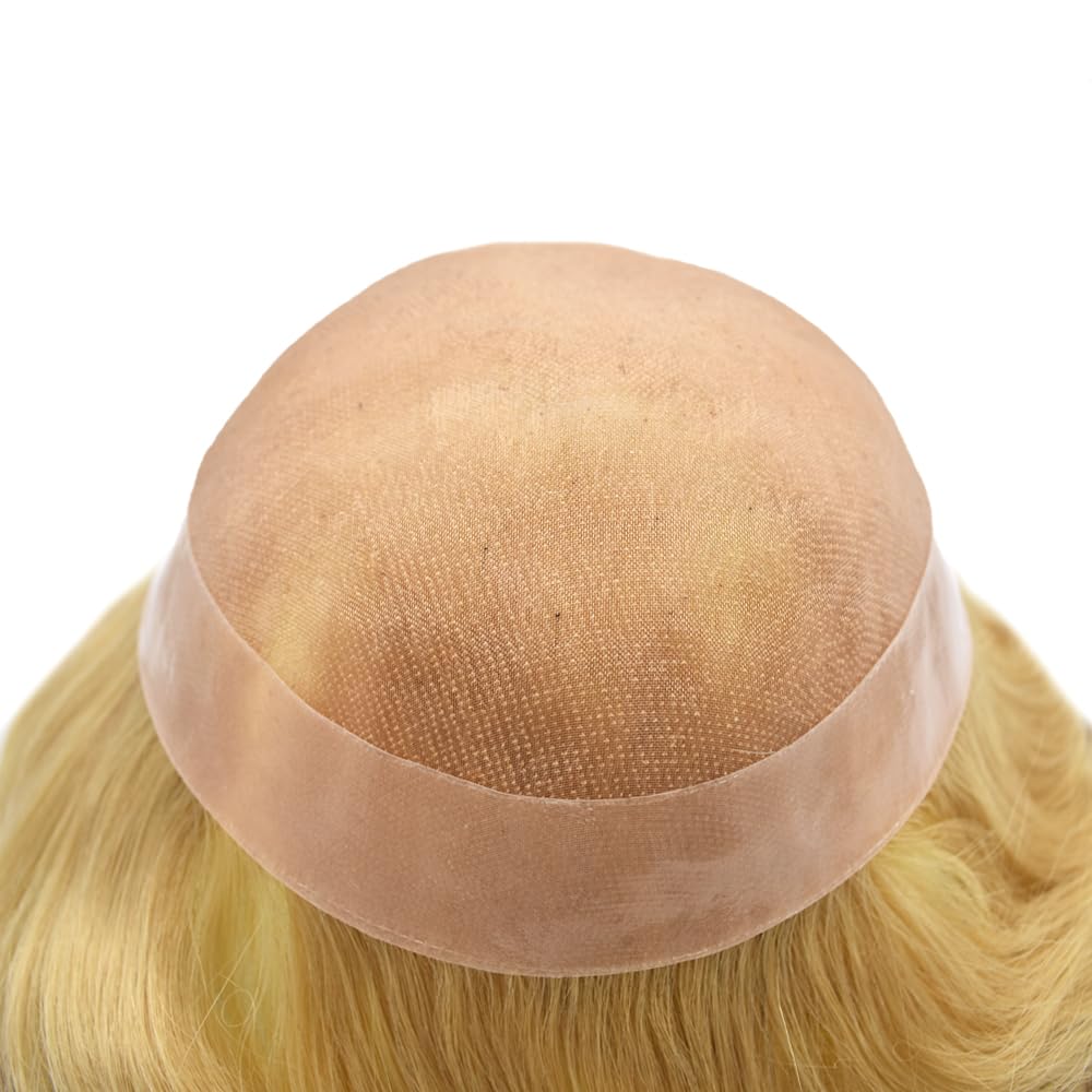 Curve Hair Mens Toupee Human Hair Piece Replacement System Monofilament Wig Hair Unit for Men Durable Poly Coated Mens Hairpiece (#22R Light Blonde, 7"X10")