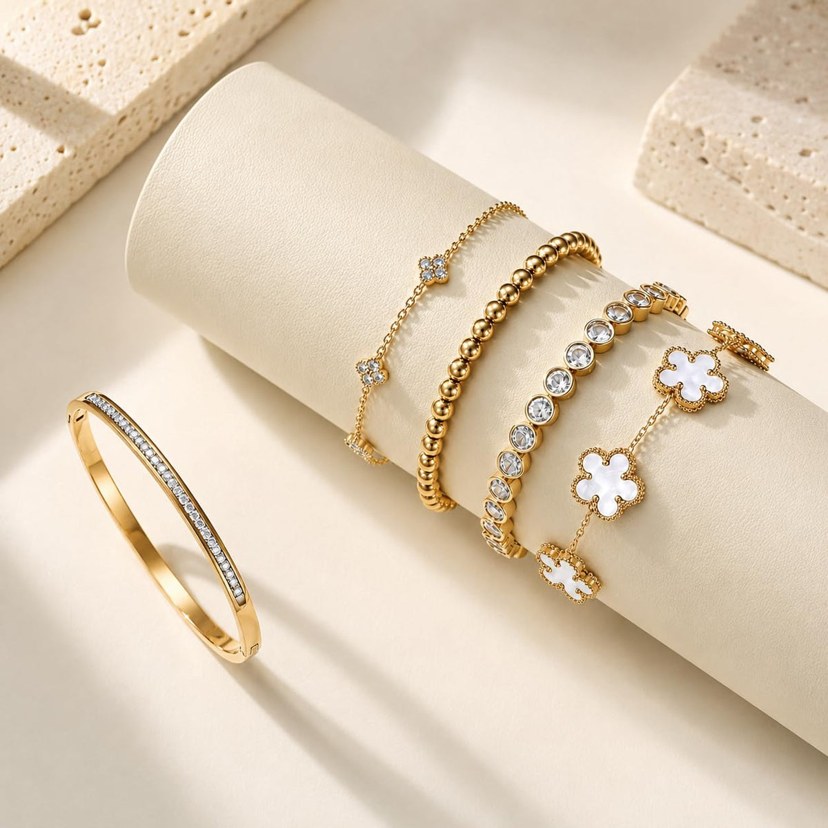 18K Gold Plated Clover Bracelet Set for Women - SLYSZMC Official Imagery - 6
