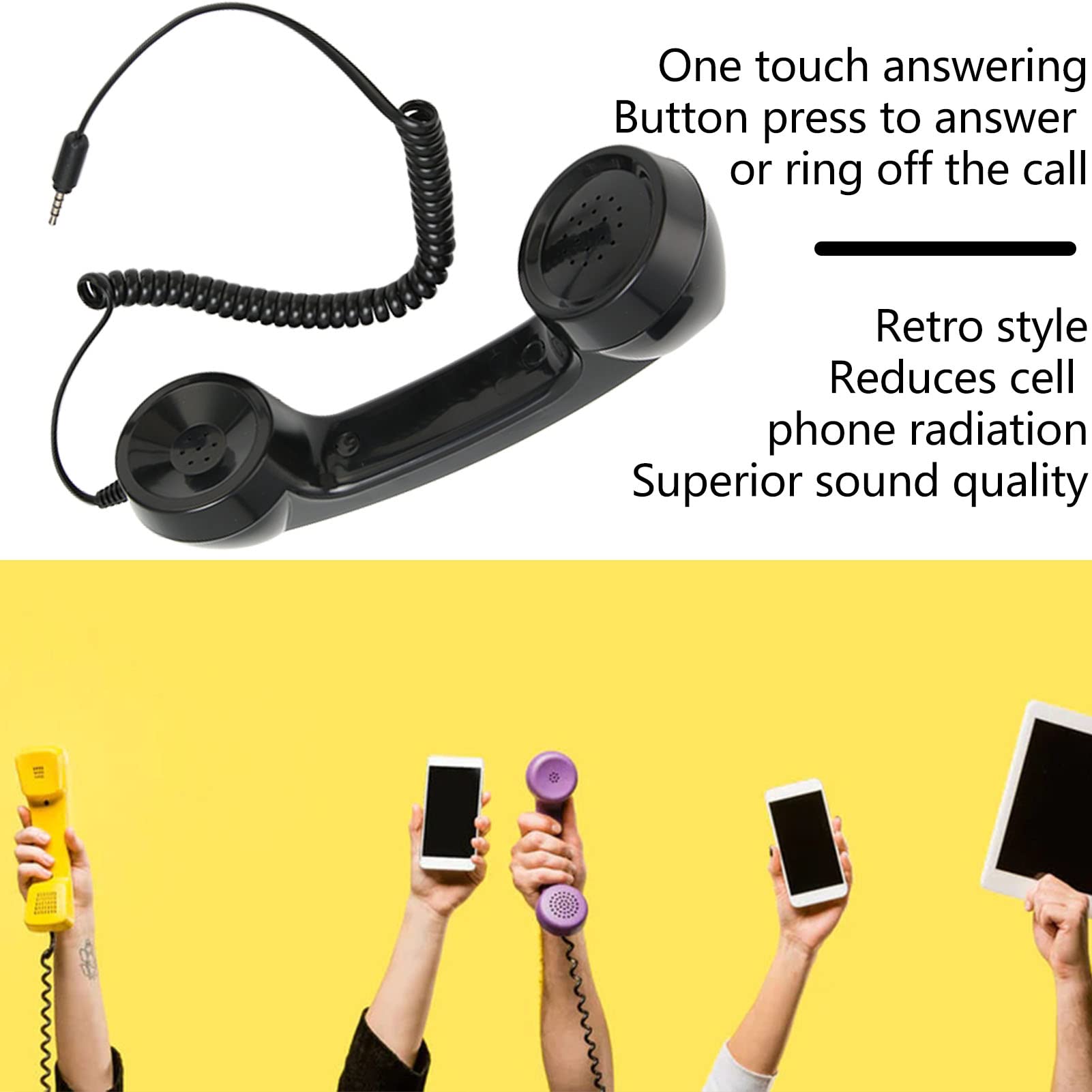 Black retro handheld phone handset by Heayzoki with 3.5mm connector, radiation-proof design for mobile phones and computers.
