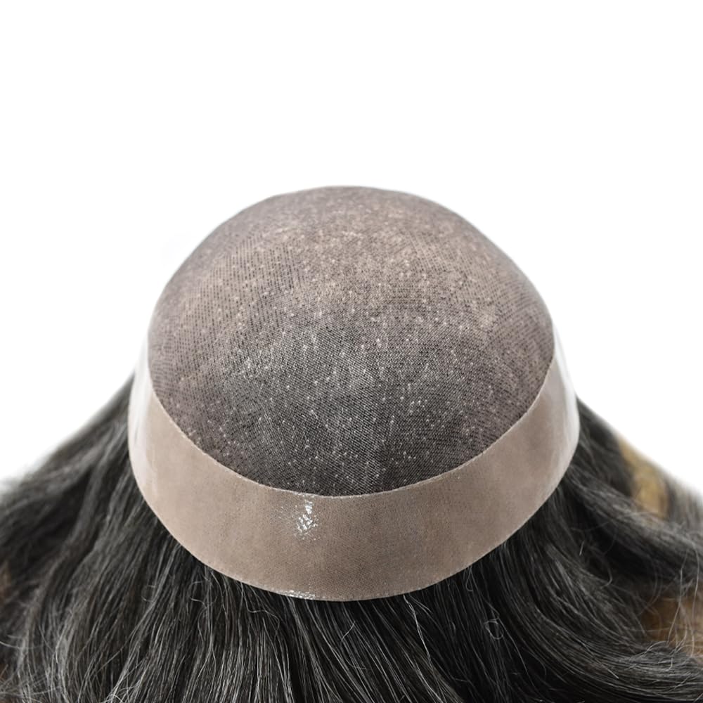 Curve Hair Mens Toupee Human Hair Piece Replacement System Monofilament Wig Hair Unit for Men Durable Poly Coated Mens Hairpiece (#1B40 Off Black+40% Gray, 6"X9")