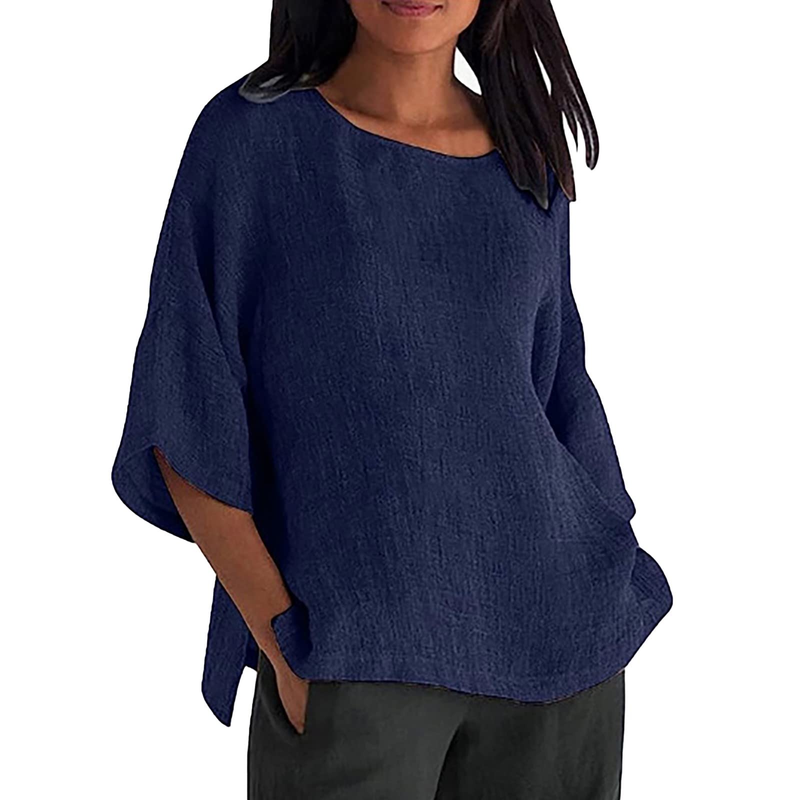 Linen Shirts for Women 2025 Summer Basic Solid Color 3/4 Sleeve Tunic - View 6