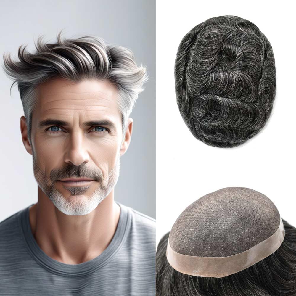 Curve Hair Mens Toupee Human Hair Piece Replacement System Monofilament Wig Hair Unit for Men Durable Poly Coated Mens Hairpiece (#1B40 Off Black+40% Gray, 6"X8")