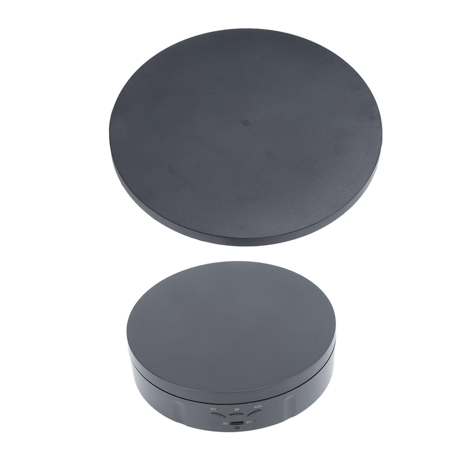 Black electric rotating jewelry display tray with 360-degree spin, remote control, and adjustable speeds for photography or live streaming.
