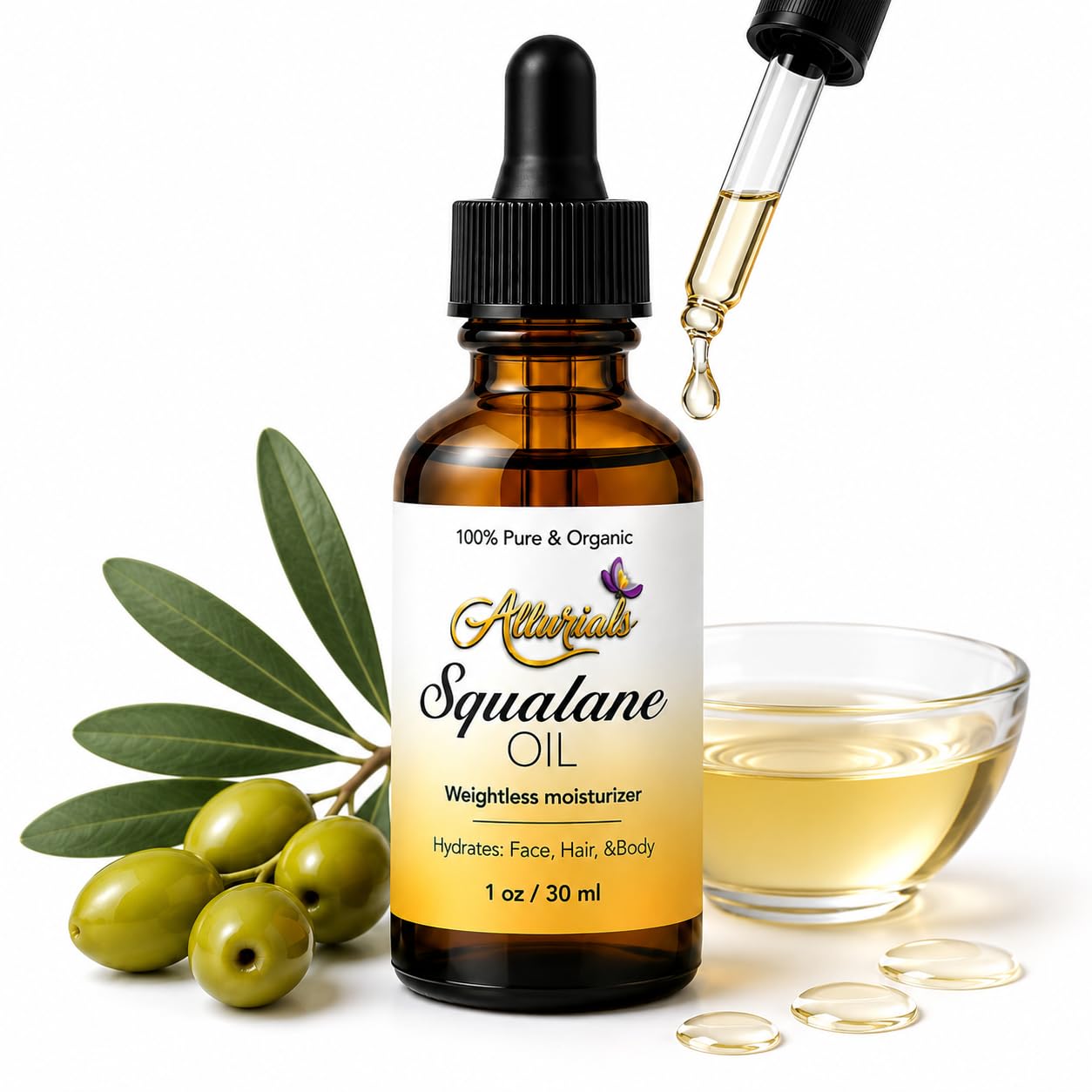 Allurials 100% Organic & All Natural Plant - Based Squalane Oil for Face & Hair & & - Allurials Official Product View 2