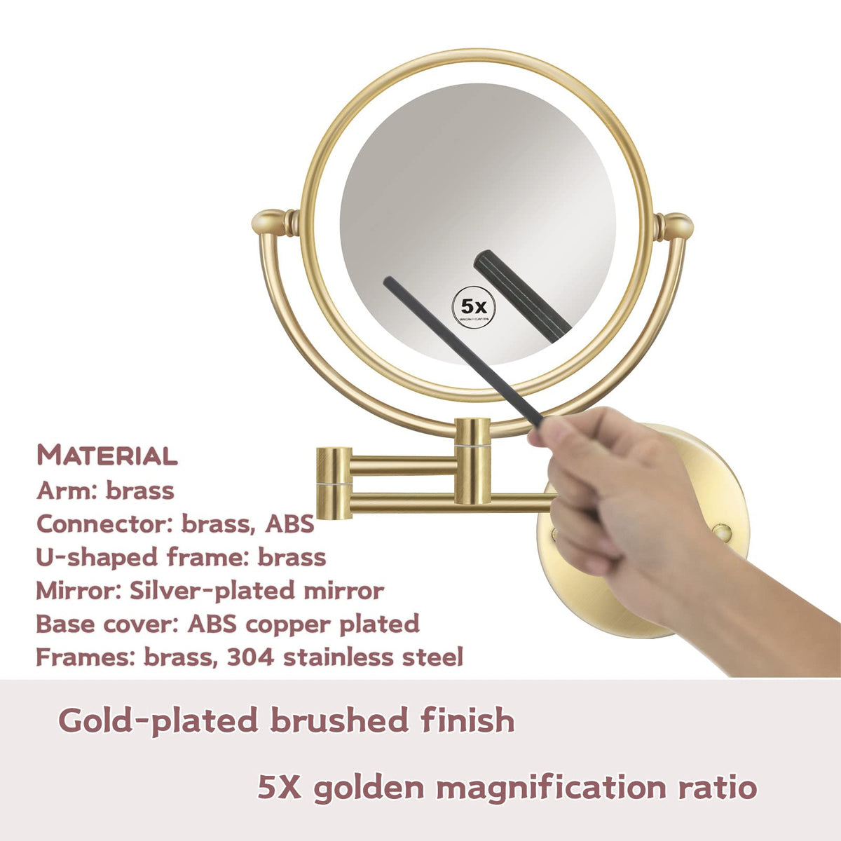 Lighted Makeup Mirror Wall Mounted Gold Double Sided 1 5X - RECKODOR Official Imagery - 6
