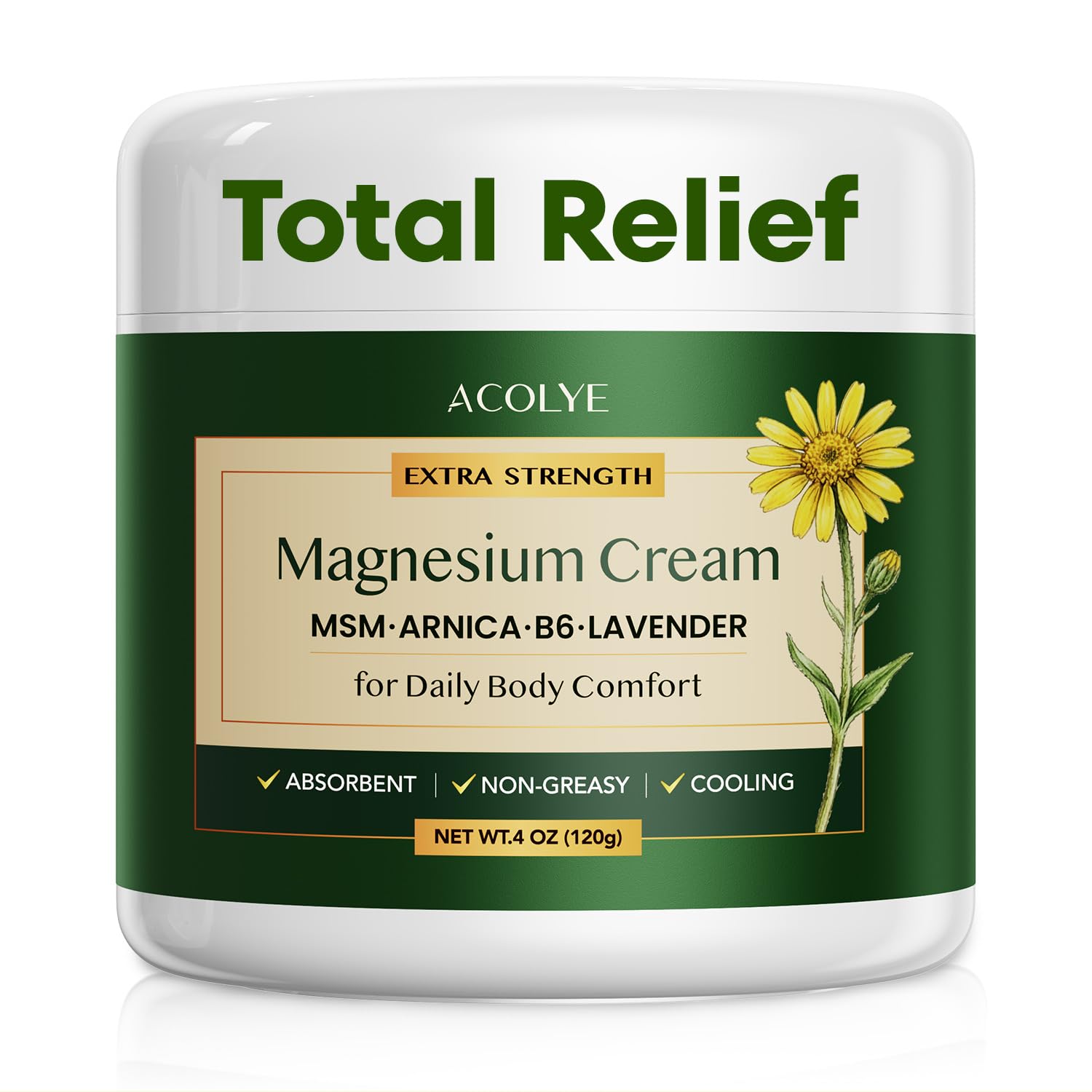 Acolye Total Relief Magnesium Cream with Arnica: Extra Strength Topical Magnesium Chloride Cream with MSM, B6, For Muscles, Joints & Legs, Fast Absorbing, Non-Greasy