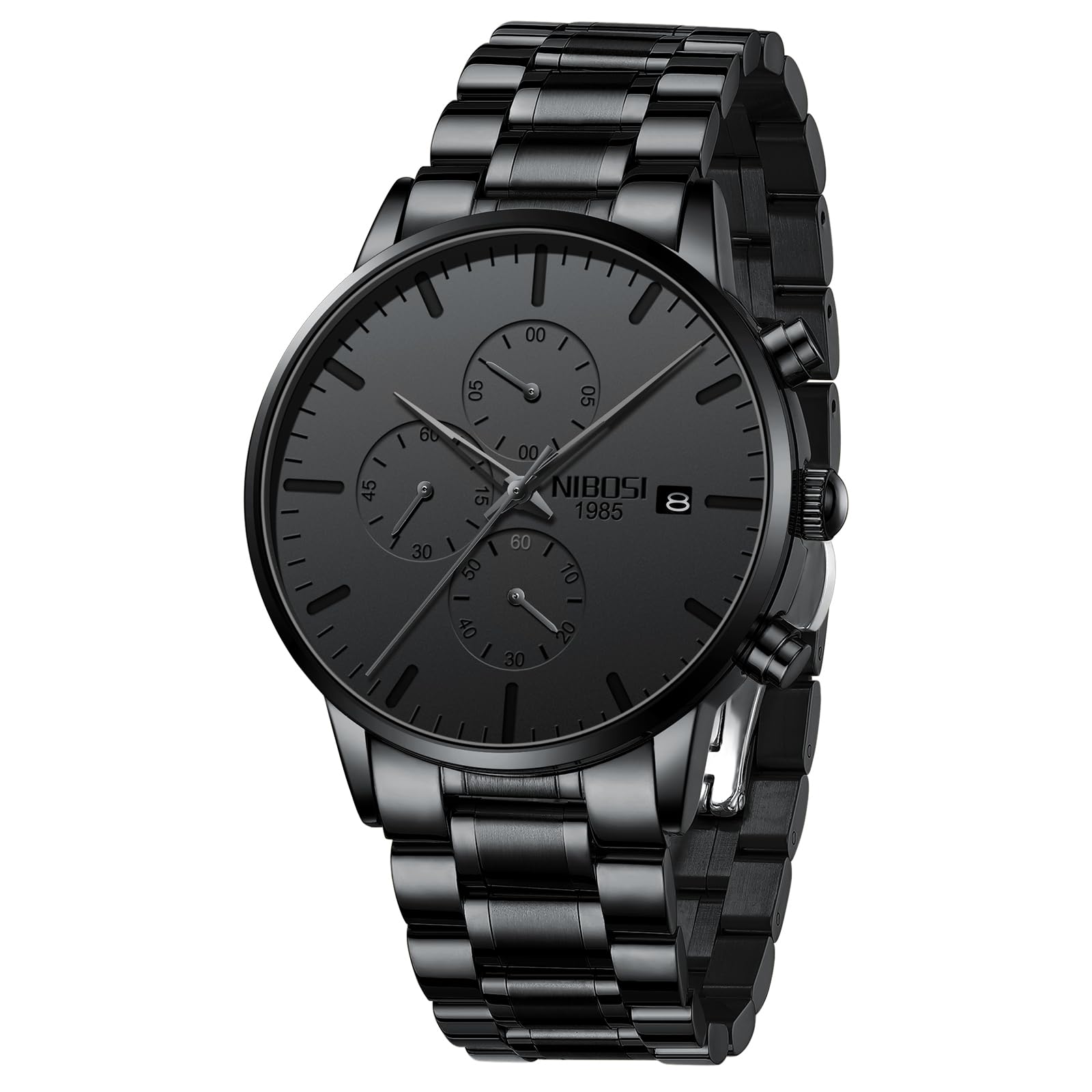 NIBOSI Men's Analog Chronograph Watch, Minimalist Black Dial - Product Imagery