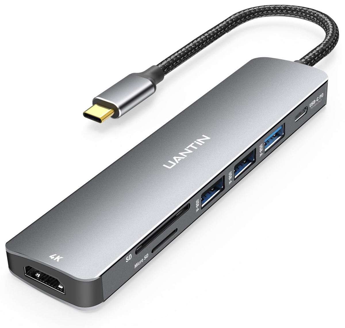 UANTIN USB C hub with 7 ports including HDMI, USB, SD card reader, and Ethernet for laptops and Mac Type C devices.