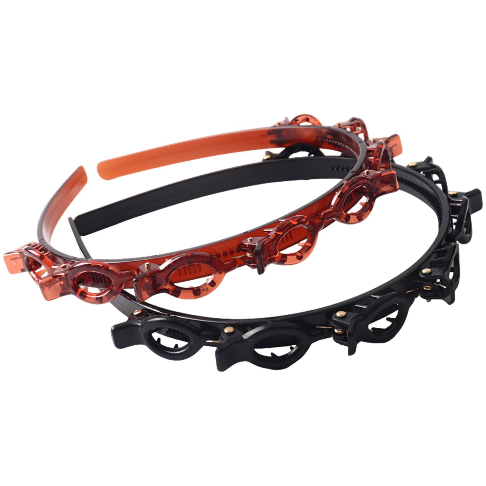 2 Pcs Red Black Braided Headband with Double Layer Bangs Hair Clips and Teeth Design for Women, Wide Hairband, Plastic Resin Hair Accessories for a Neat Hairstyle, 5.1 x 5.5 x 0.3 in