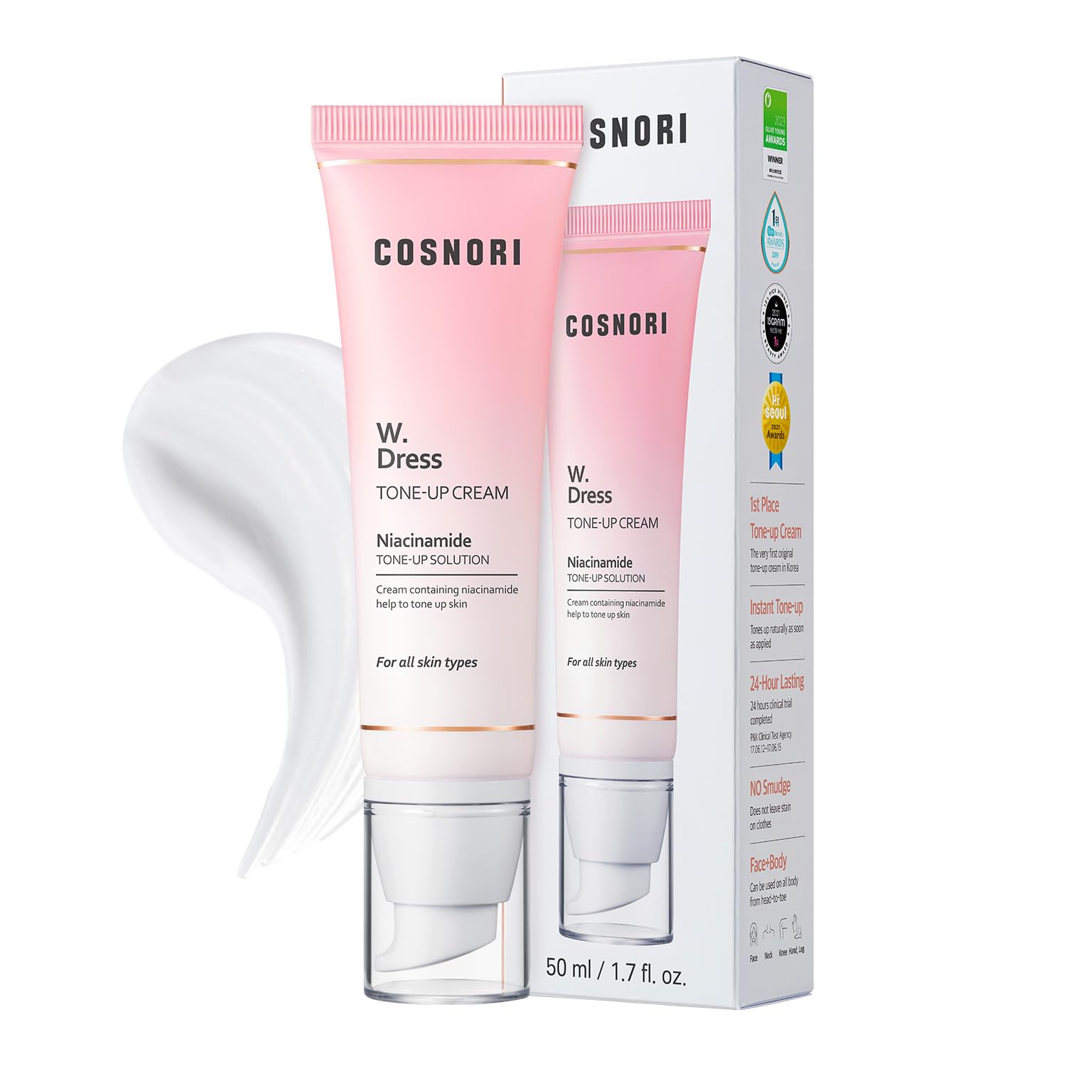 COSNORI W. Dress Tone-up Cream -Quick Skin Tone Balancer – Evens Out Complexion - No Makeup Natural Look - Long-Lasting Hydrating & Sebum Control Face and Body – Vegan, No Animal Tested – 1.7 fl. oz. - COSNORI Official Product View 2
