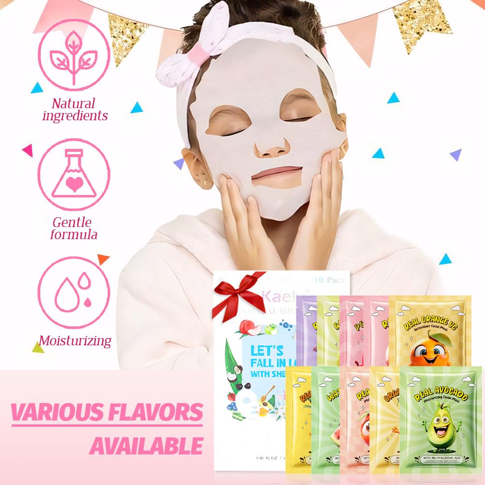 10 Pack Fruit Face Masks for Kids, Kids Face Mask Spa Day Kit - Kaely