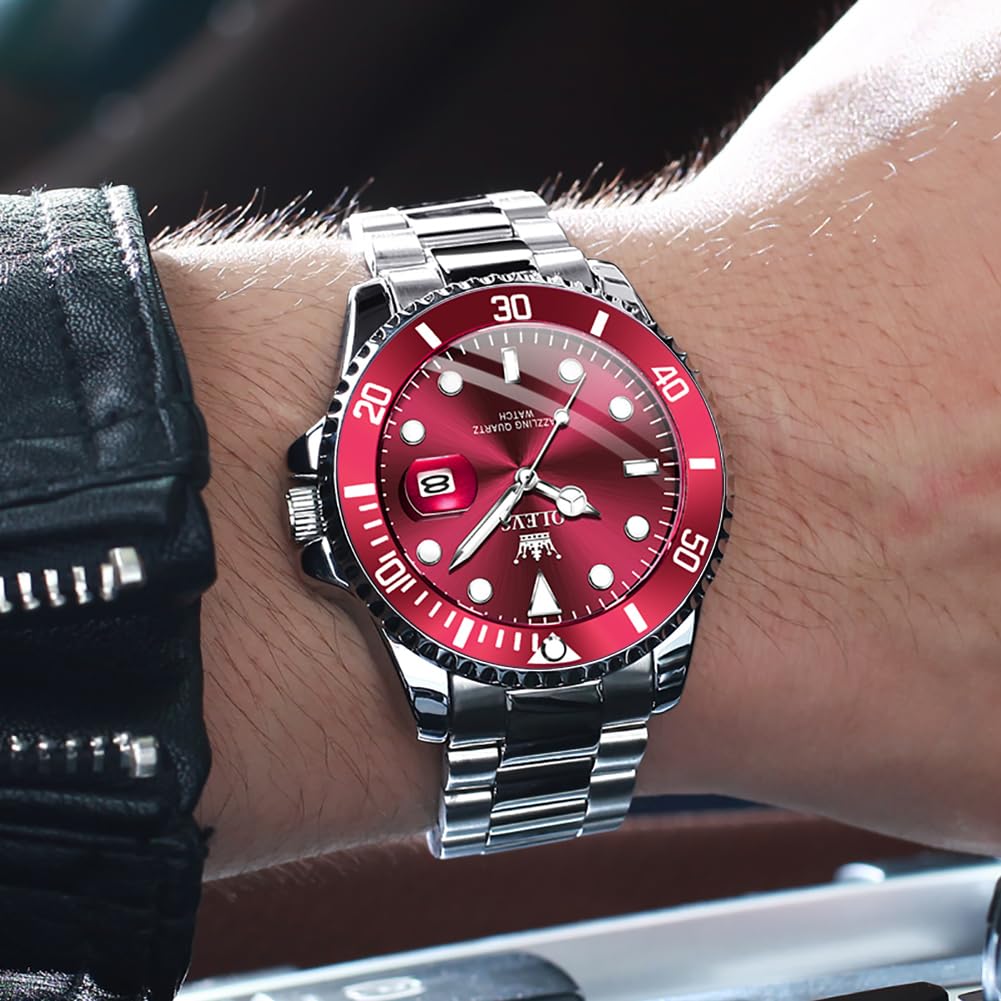 OLEVS Men's Silver & Red Dial Dress Watch Quartz Date Steel