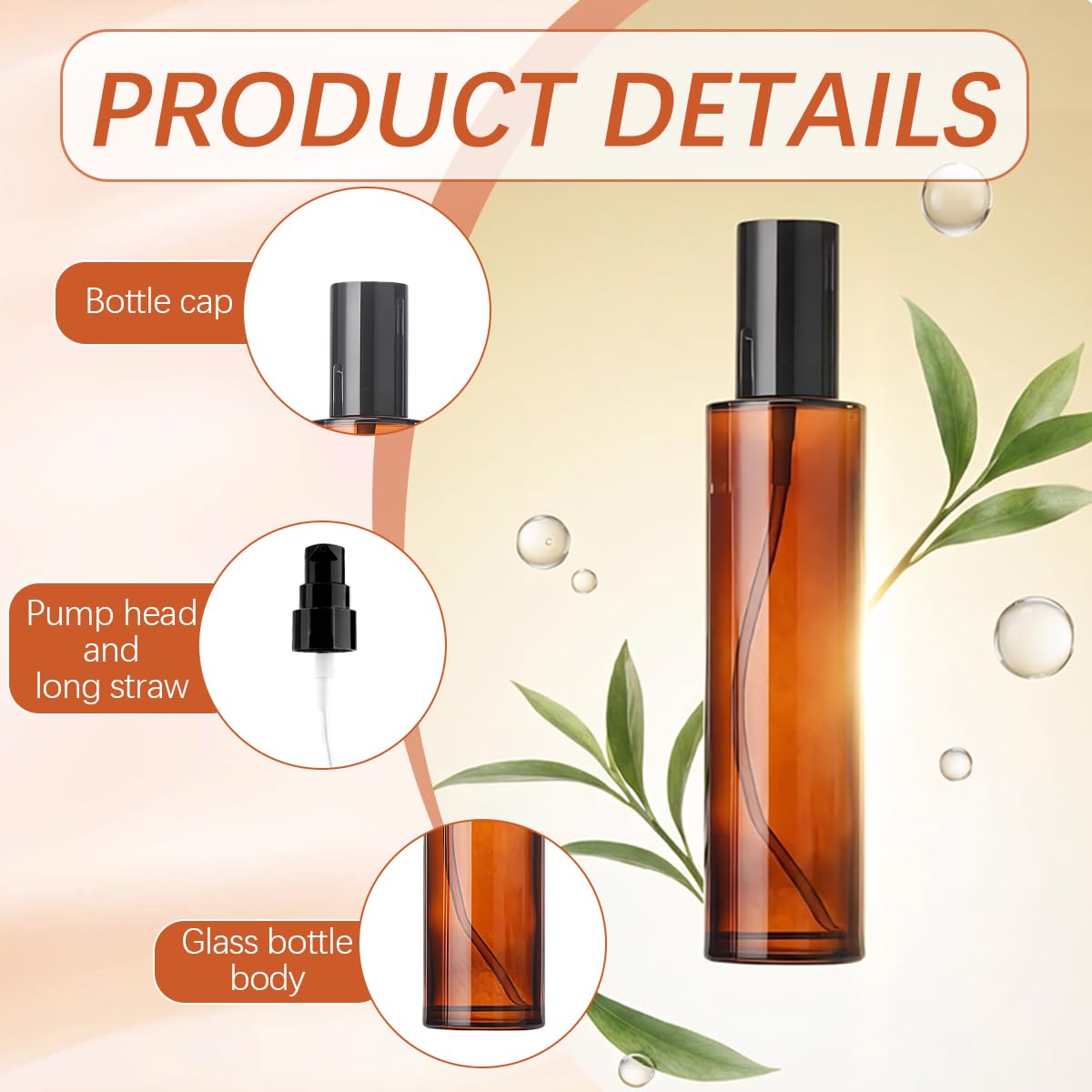 2PCS 60ml/2oz Empty Refillable Amber Glass Lotion Pump Press Bottles Soap Dispensers Containers Jars with Black Cap for Foundation Cream Makeup Removel Oil Shampoo
