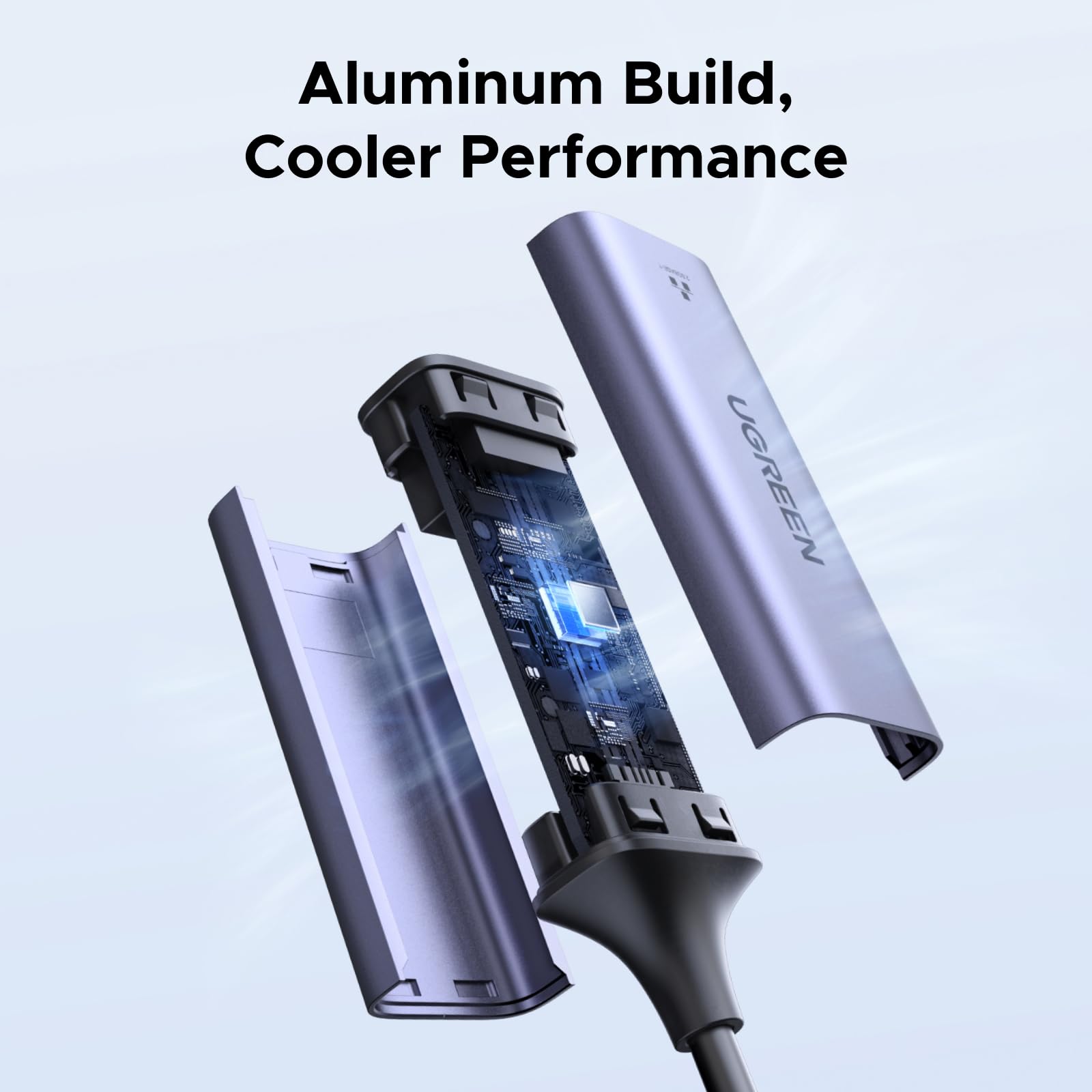 UGREEN USB-C to Ethernet adapter in aluminum, featuring plug-and-play design and 1Gbps network connectivity.