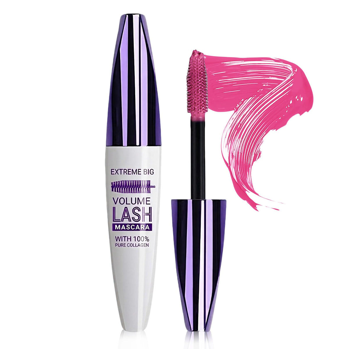 Pink waterproof mascara by Rosawee with 5D volume and length for dramatic lash enhancement.