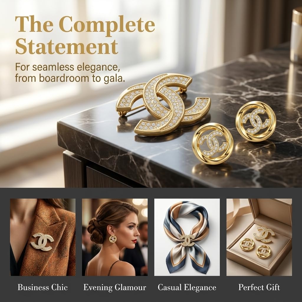 Gold Tone Crystal Brooch and Round Stud Earrings Jewelry Set - Obluchye Official Imagery - 4