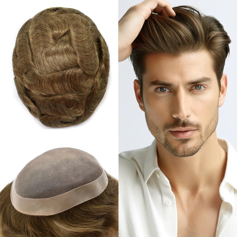 Curve Hair Mens Toupee Human Hair Piece Replacement System Monofilament Wig Hair Unit for Men Durable Poly Coated Mens Hairpiece (#17R Brown/Blonde Mix Warm Tone, 6"X8")