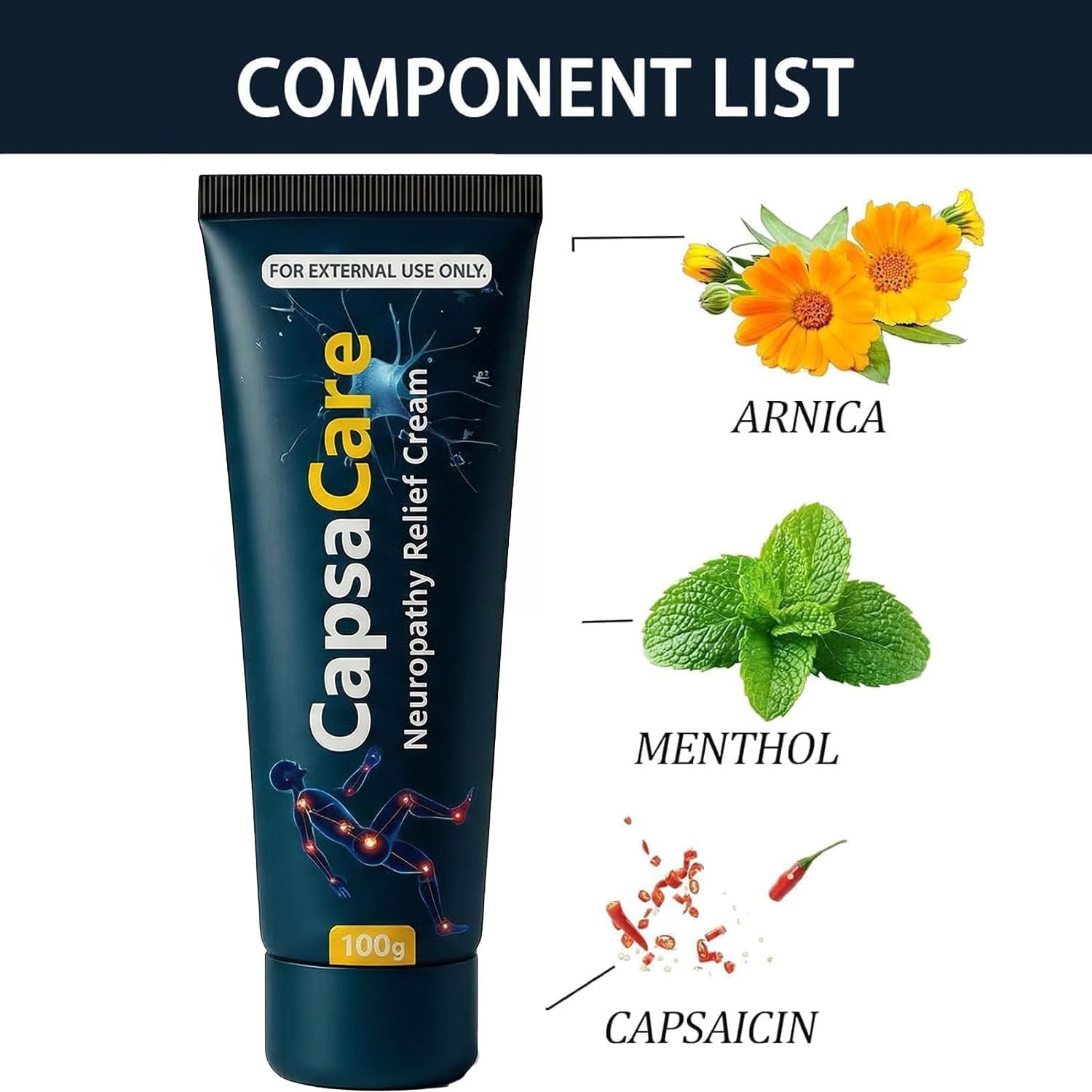 Shwfhi Capsacare neuropathy relief cream for feet, hands, and joints, skin moisturizer, tube container with cream visible.