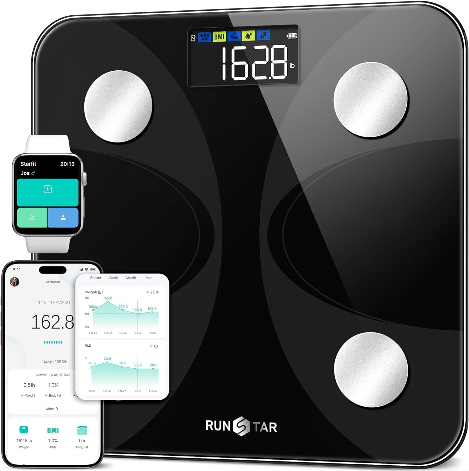 Scale for Body Weight and Fat Percentage, RunSTAR Digital Accurate Bathroom Smart Scale with Lar