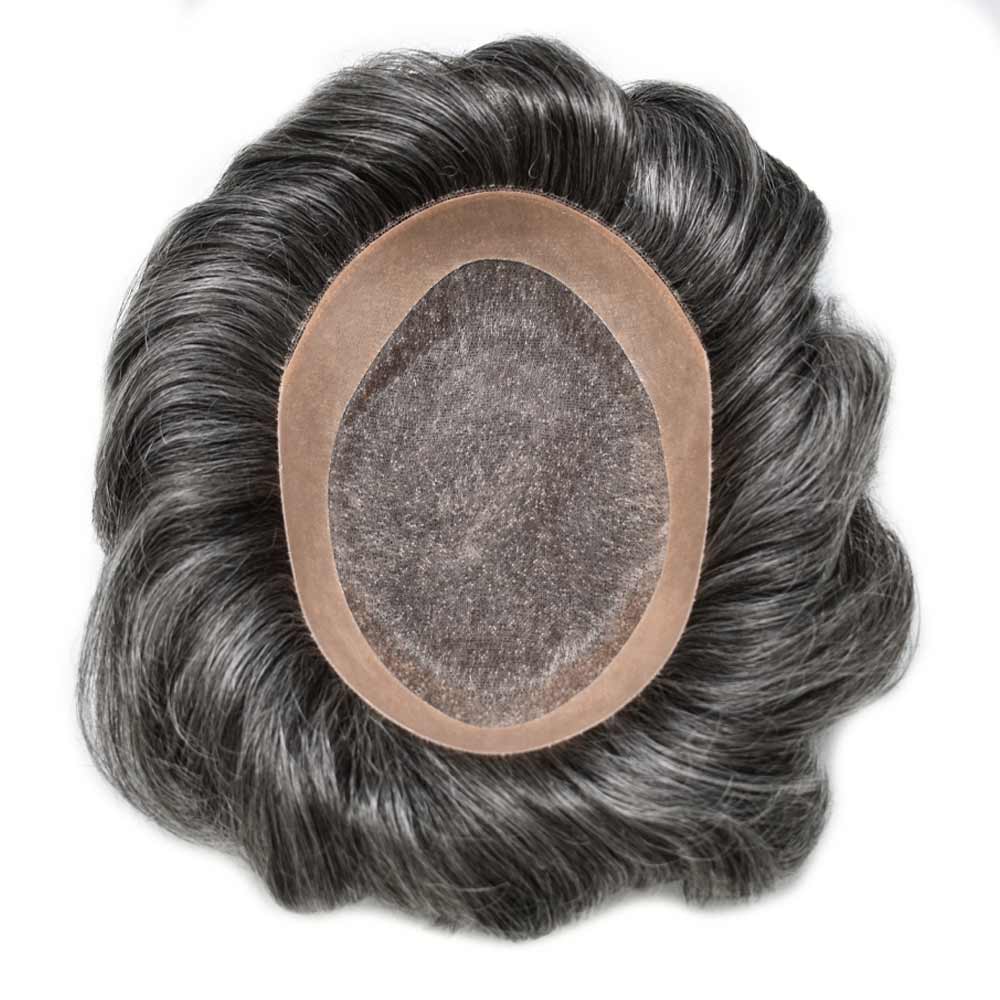 Curve Hair men's monofilament toupee in #1B50 off black, 7x9 inch wig with realistic hair density and natural hairline.