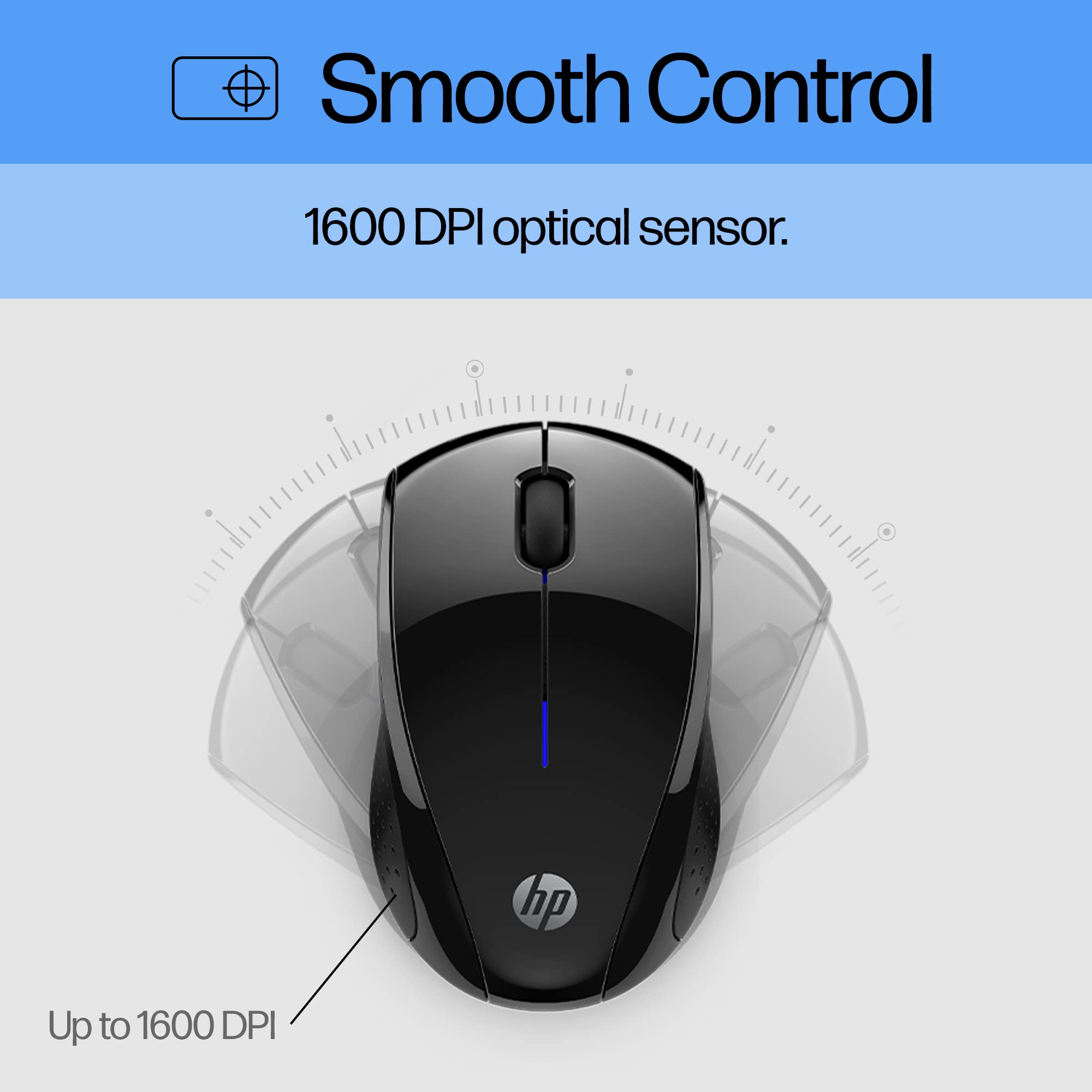 HP X3000 G3 wireless mouse in black with blue LED, 1600 DPI optical sensor, side grips, travel-friendly design.